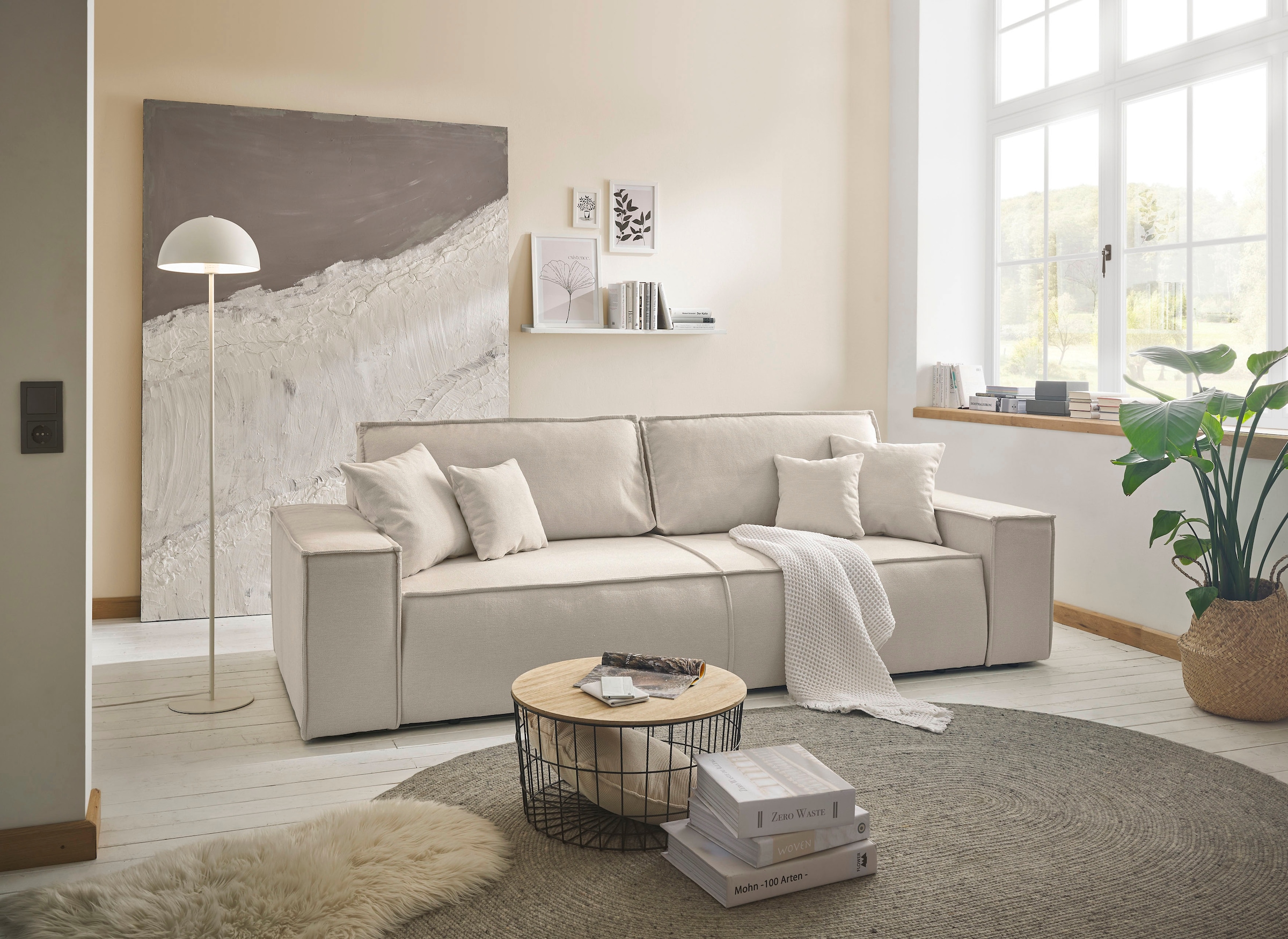 andas 3-Sitzer »FINNLEY Schlafsofa 257 cm, Schlaffunktion mit Bettkasten (200/136cm),«, in Aqua Clean-Bouclé u. Struktur fein