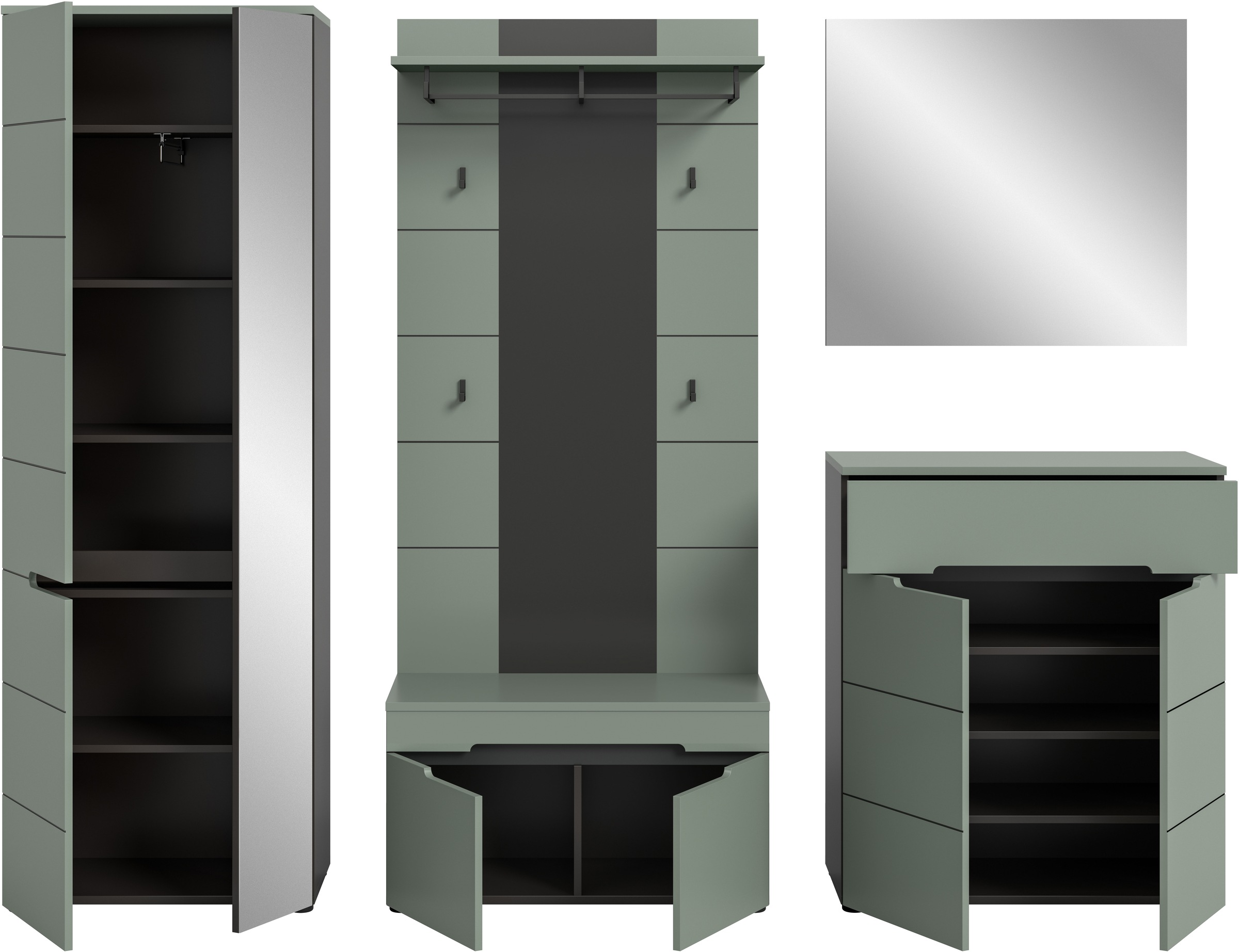 INOSIGN Garderoben-Set, (Set, 5 St., bestehend aus: Garderobenschrank, Sitzbank, Paneel, Spiegel, Kommode), Garderobenkombination, Kombination, Set, Flurgarderobe, Diele