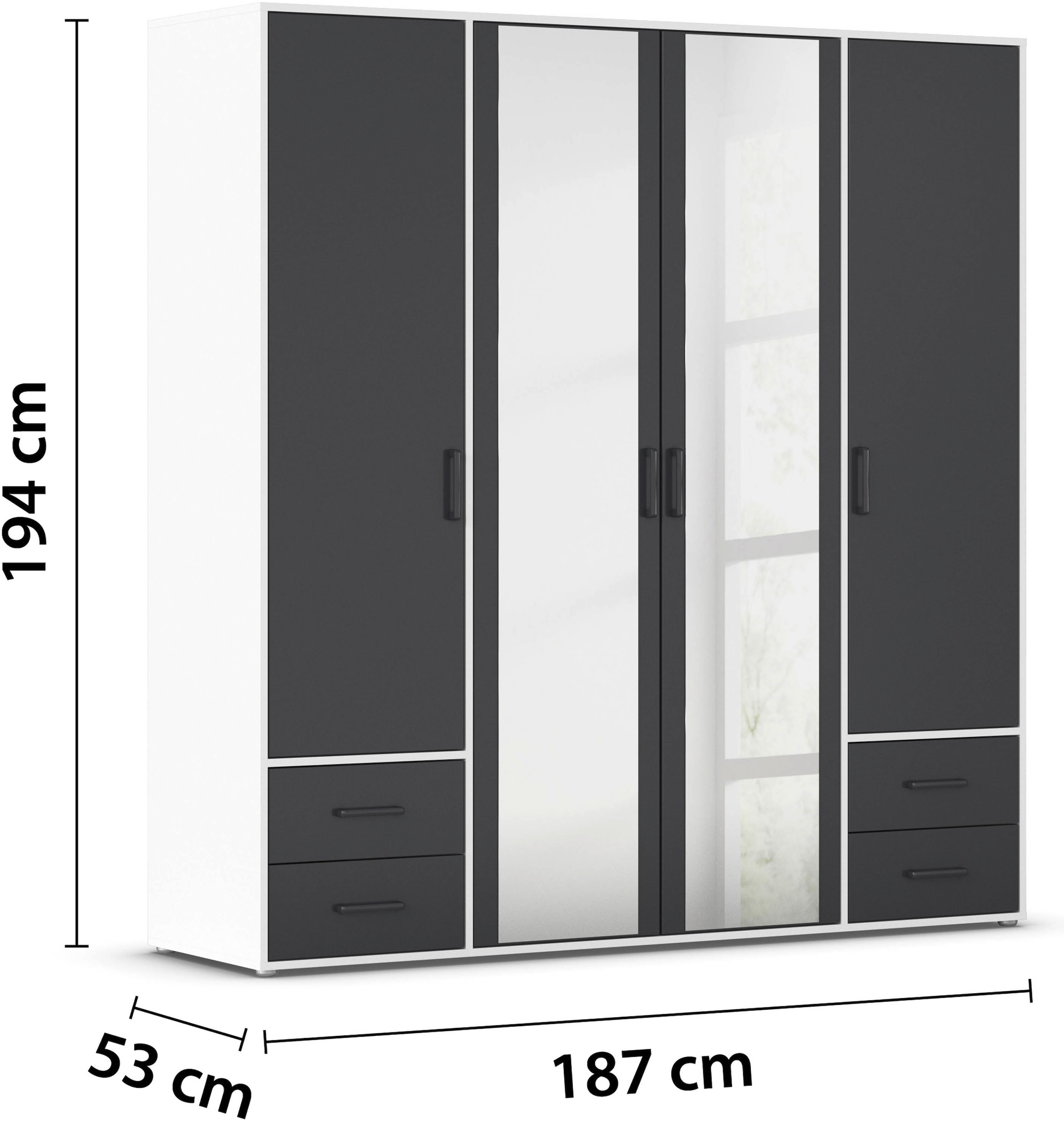 rauch Drehtürenschrank »Kleiderschrank Schrank Garderobe Wäscheschrank VOYAGER«, (in 3 verschiedenen Ausstattungen BASIC/CLASSIC/PREMIUM), mit modernen Griffen in Graumetallic, inkl. Schubkästen und Spiegel