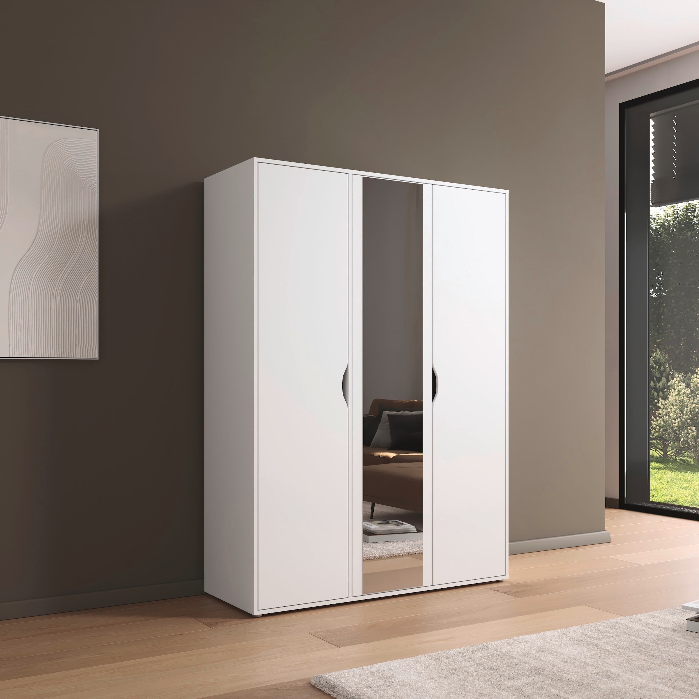 rauch Drehtürenschrank »Kleiderschrank Schrank Garderobe Wäscheschrank NARAI mit Spiegel«, (in 3 verschiedenen Ausstattungen BASIC/CLASSIC/PREMIUM), Griffausfräsungen für eine grifflose Optik TOPSELLER MADE IN GERMANY