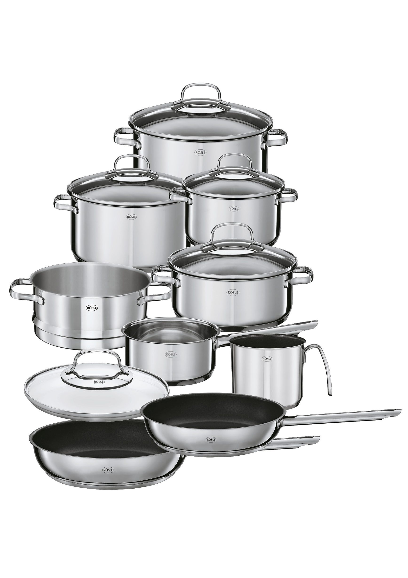 RÖSLE Topf-Set »ELEGANCE«, Edelstahl 18/10, (Set, 14 tlg., Bratentopf 20cm, Kochtopf 16/20/24 cm, Kasserolle 16cm, Pfanne 24/28cm), mit Glasdeckel und Innenskalierung, spülmaschinen-/ induktionsgeeignet