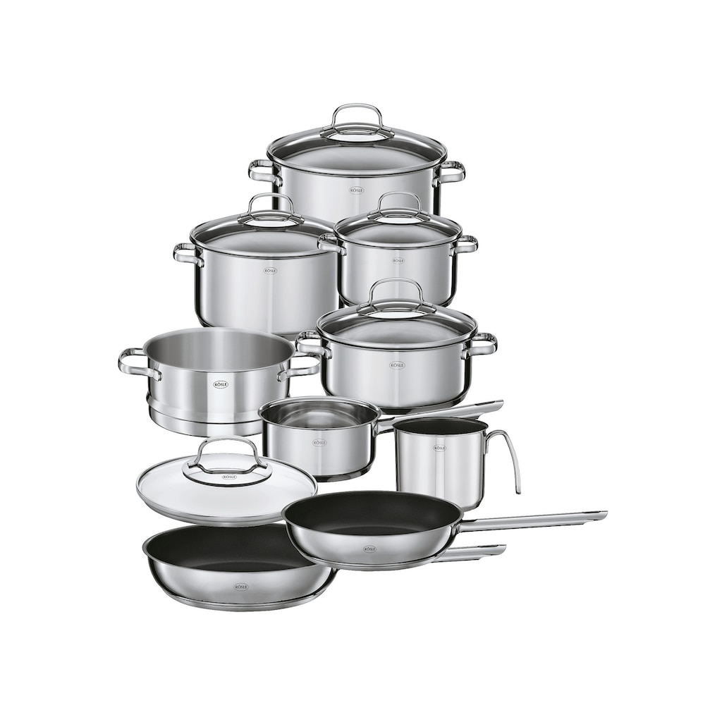 RÖSLE Topf-Set »ELEGANCE«, Edelstahl 18/10, (Set, 14 tlg., Bratentopf 20cm, Kochtopf 16/20/24 cm, Kasserolle 16cm, Pfanne 24/28cm)