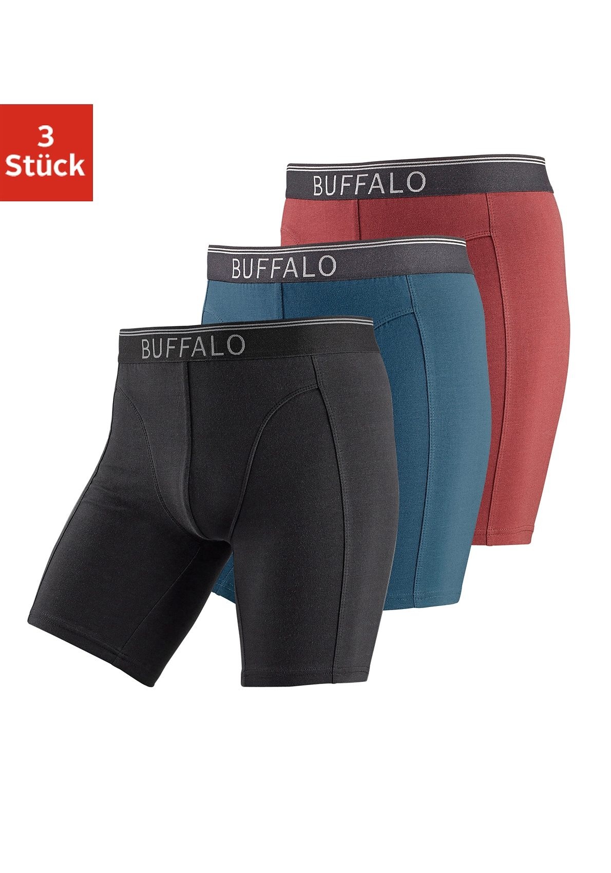 Buffalo Langer Boxer "Boxershorts für Herren" Packung, 3 Stk. mit langem Bein, ideal auch für Sport und Trekking