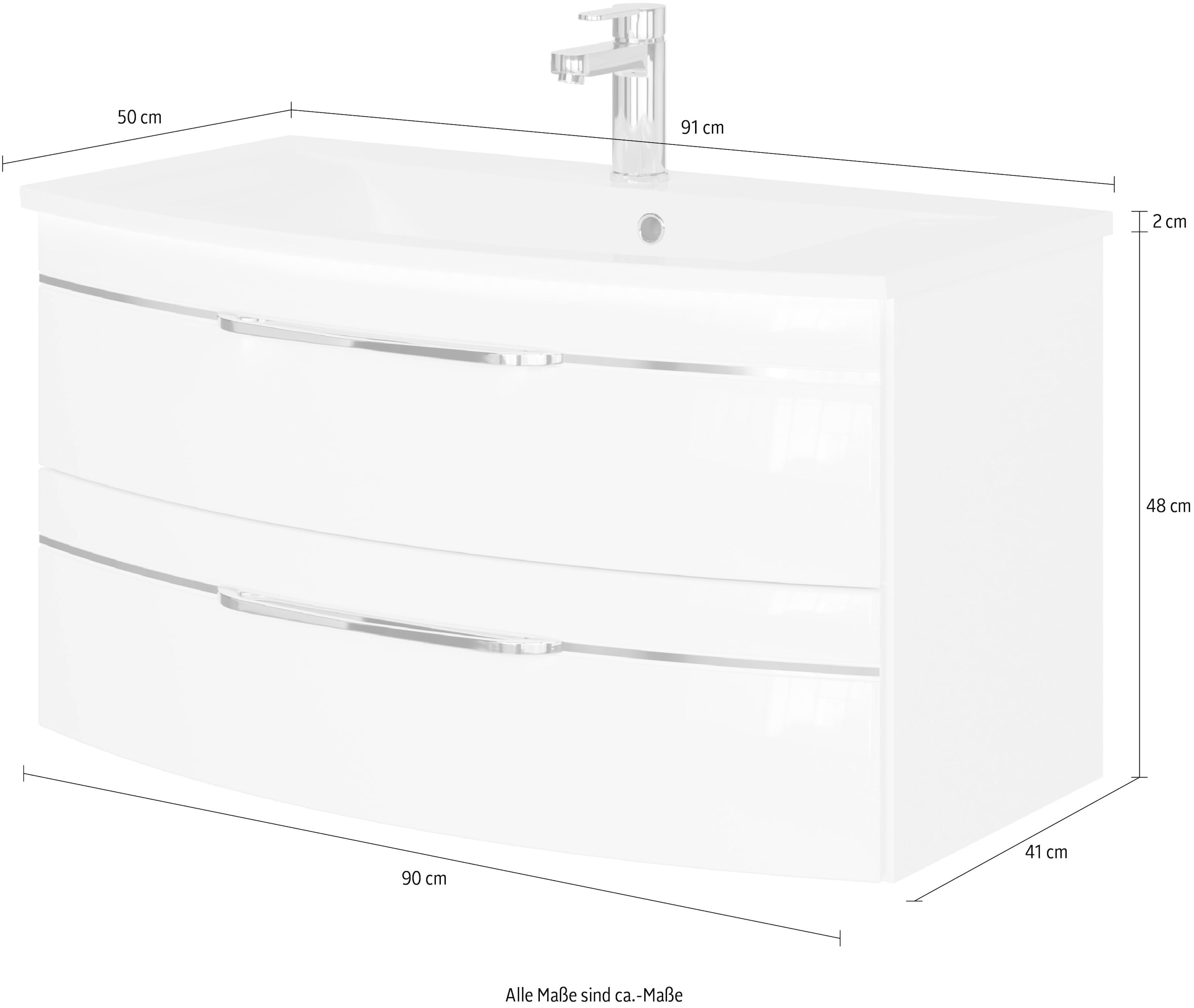 Saphir Waschtisch »Serie 7045 Mineralmarmor-Waschtisch und Unterschrank, 91 cm breit«, Waschplatz mit 2 Schubladen, Badmöbel Set mit Waschtisch
