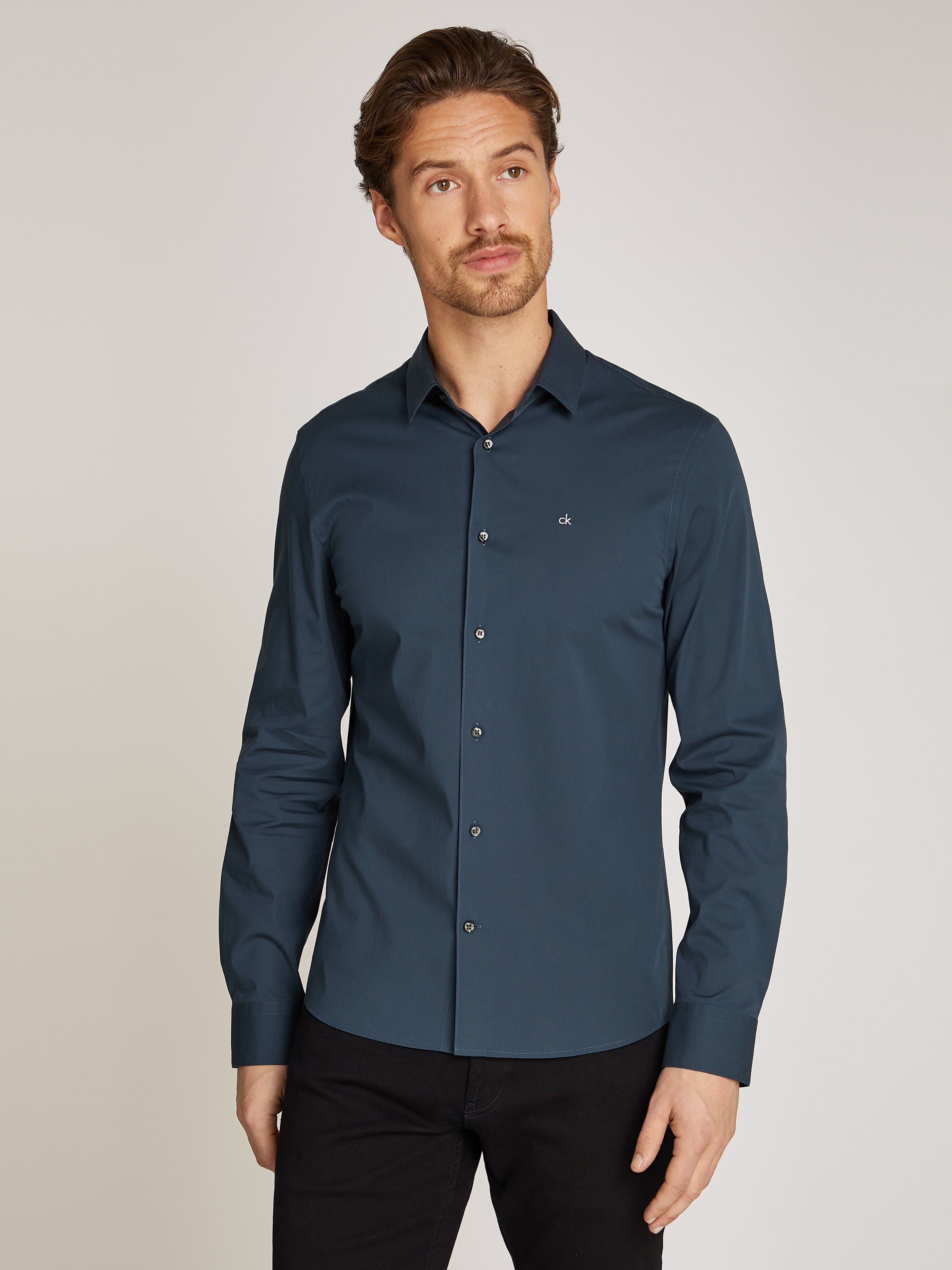 Langarmhemd »SLIM FIT STRETCH POPLIN«, mit Kentkragen