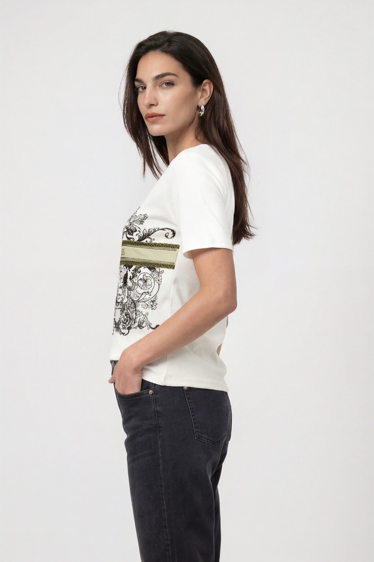 Monari T-Shirt »Shirt Druck + Schmuck« Regular fit mit Strassdetails
