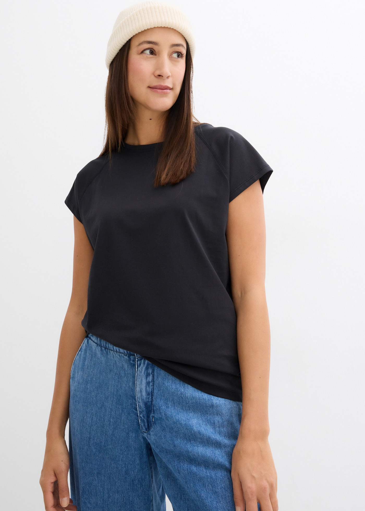 T-Shirt BONPRIX, Damen, Gr. 48/50 (XL), schwarz, Jersey, Obermaterial: 100% Baumwolle, unifarben, bequem Po-bedeckend, Rundhals, Raglanärmel, Shirts T-Shirt, bequeme Passform, Raglan-Kurzarm, aus Baumwolle