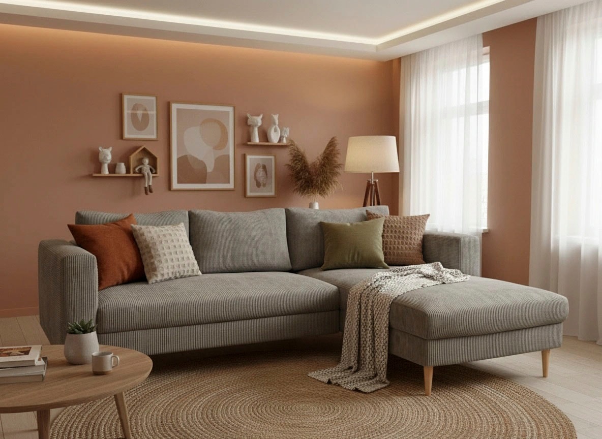 TRENDMANUFAKTUR Ecksofa "Amazing, wahlw. mit Schlaffunktion & Bettkasten, Fuß Buche lackiert" Recamiere beidseitig montierbar, L-Form,in Cord o. Struktur, B: 232 cm