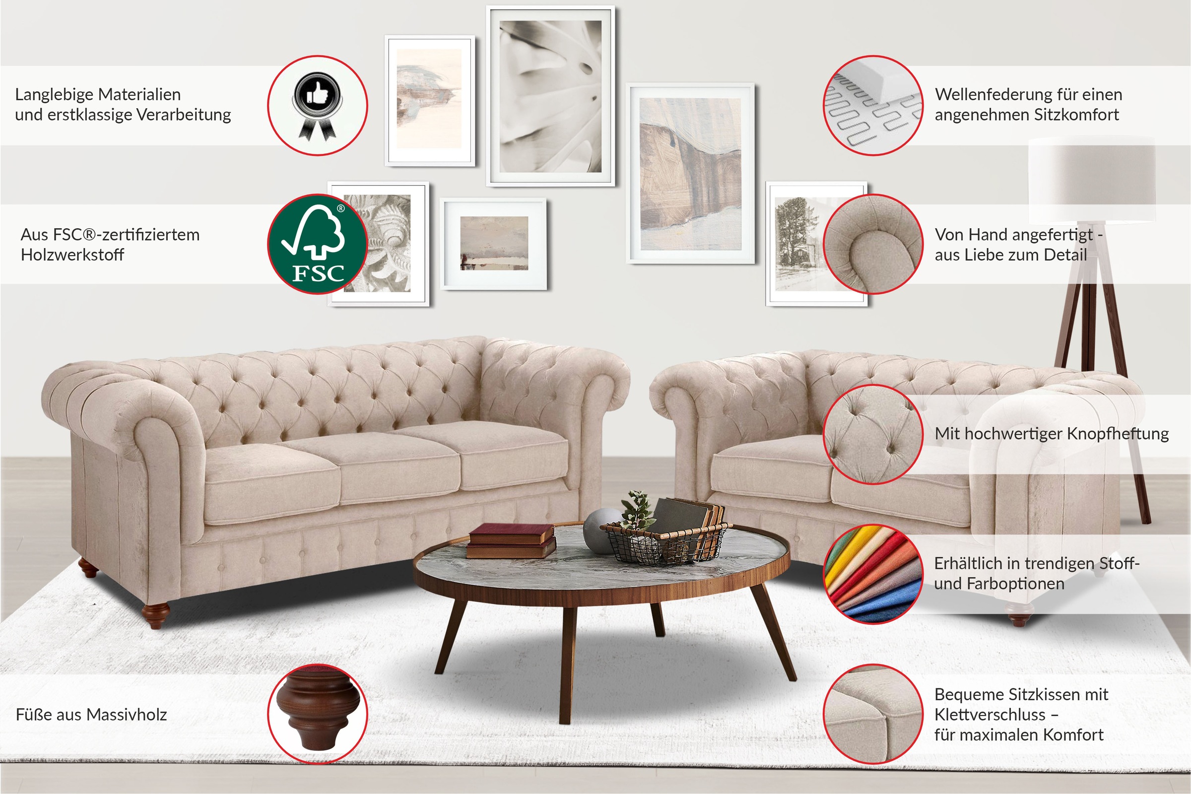 Home affaire Sitzgruppe "Chesterfield", (2 tlg.), hochwertige Knopfheftung, günstig online kaufen