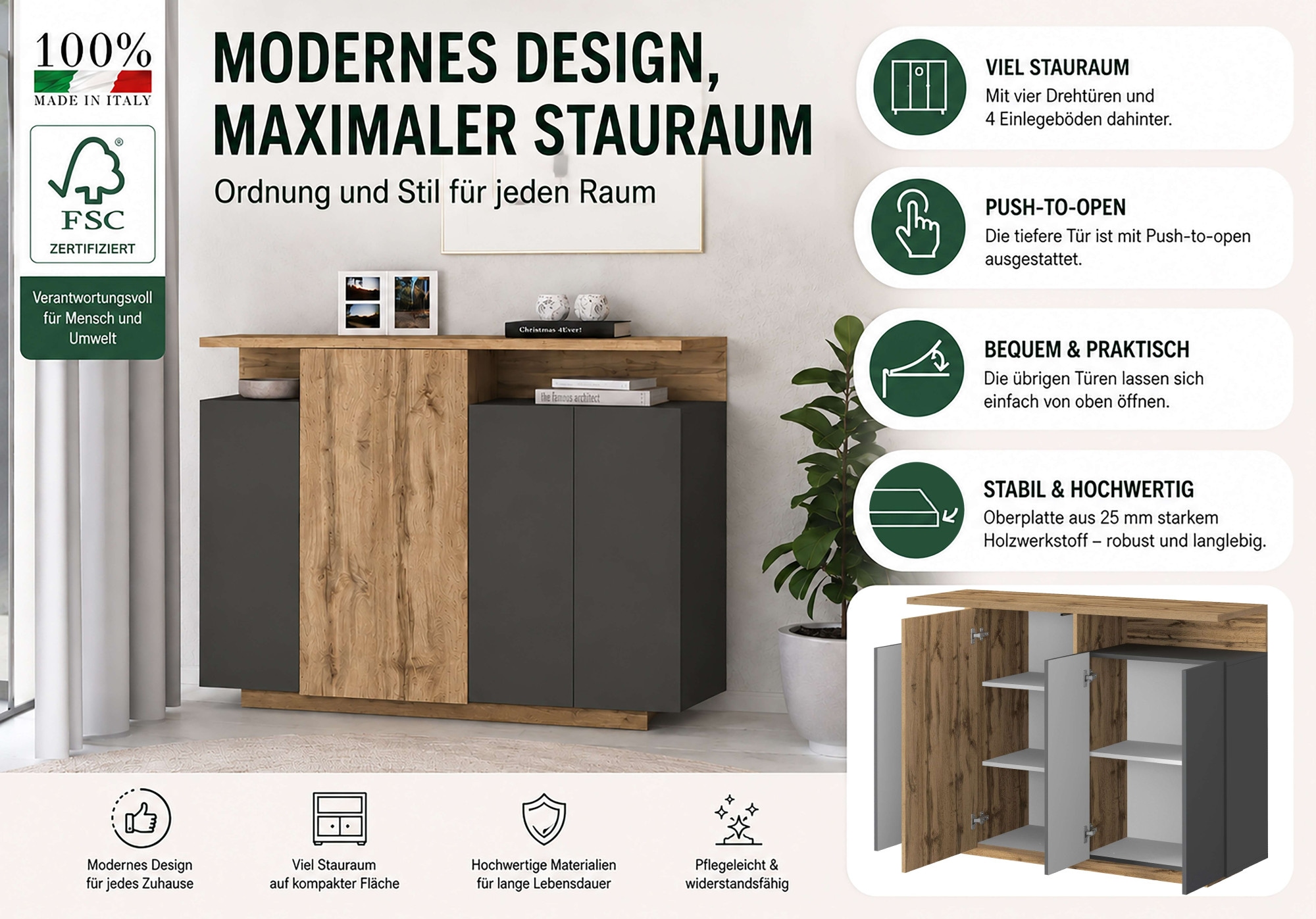 OTTO home Highboard »Highboard ETHOS, Kommode, Schrank, Kredenz« 1 Stk. tlg. Mit 4 Drehtüren, 9 Innenfächern und 2 Außenfächern, B.130 cm
