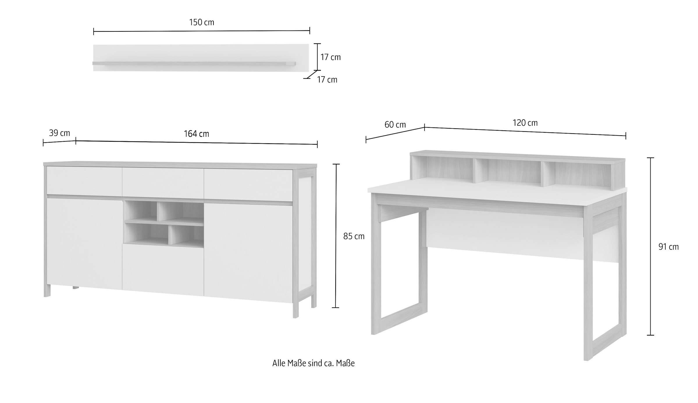 Home affaire Büromöbel-Set »Stranda im Scandi-Style, Home Office, Büro in zwei Farben verfügbar«, (3 tlg.), enthält Schreibtisch, Sideboard und Wandboard
