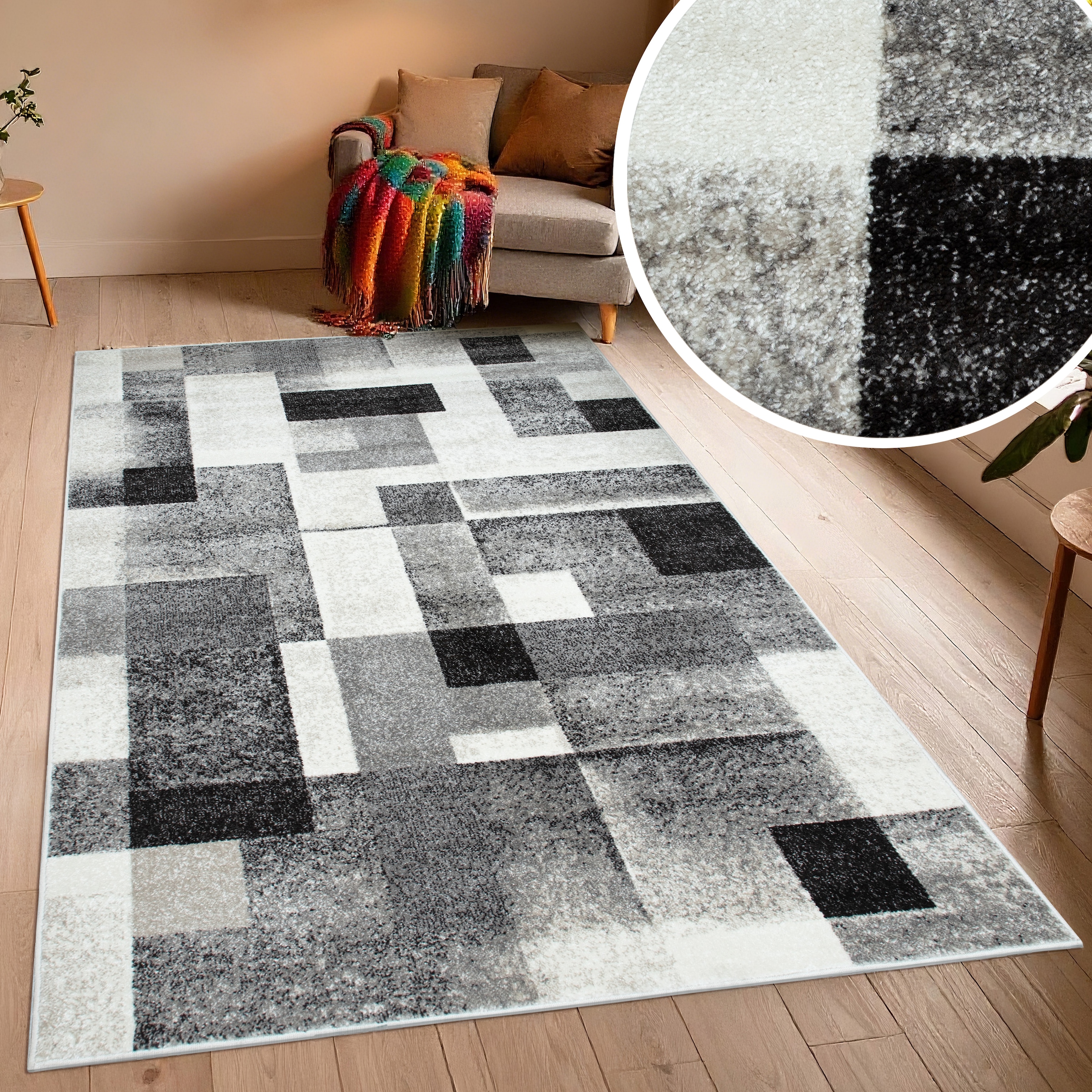 OTTO home Teppich »Corine« rechteckig 9 mm Höhe mit besonders weichem Flor, Kurzflor, modernes Karo-Design,