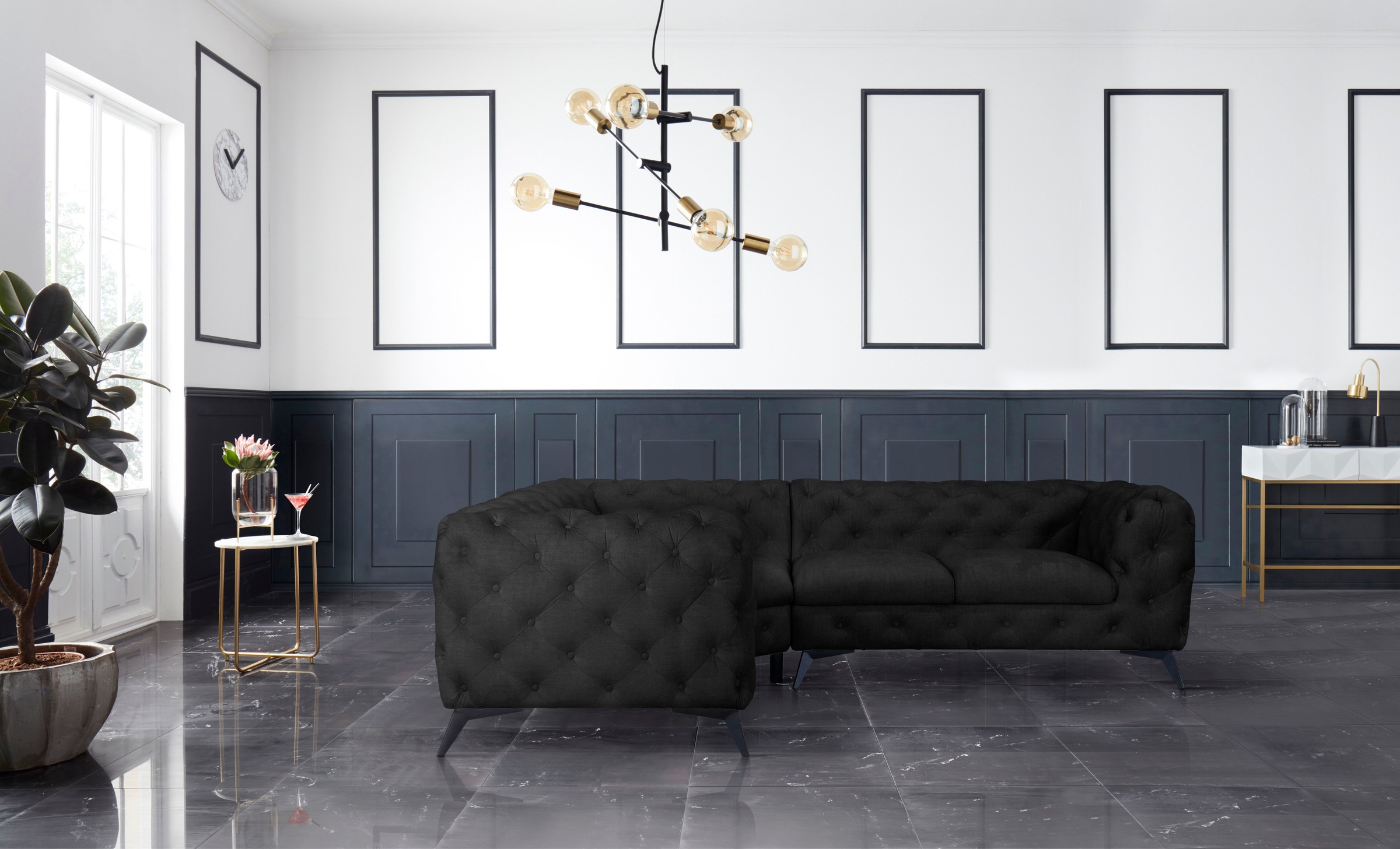 Leonique Chesterfield-Sofa »Ecksofa GLYNIS L-Form mit Wellenunterfederung, Maße B/T/H 264/204/75cm«, aufwändige Knopfheftung, moderne Chesterfield Optik, Fußfarbe wählbar