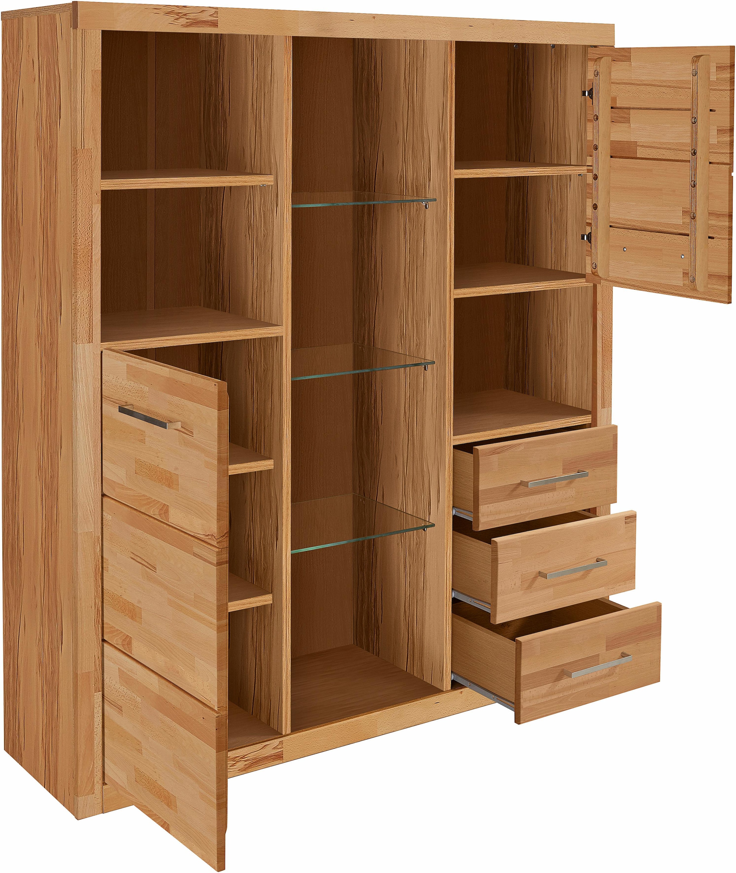 Home affaire Highboard »Ribe,130cm breit145cm hoch,Fronten Massivholz,12 Fächer«, Korpus aus Holzwerkstoff, Metall Griffe,Böden versetzbar
