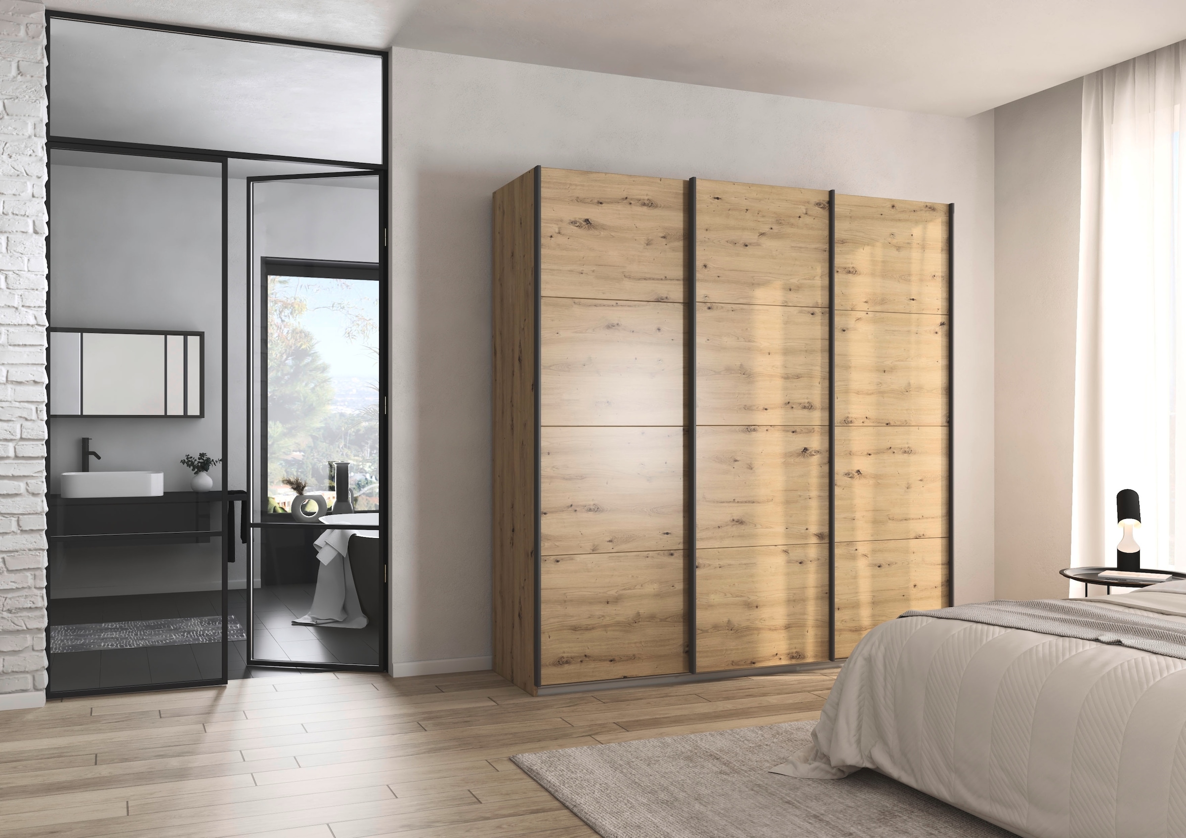 rauch Schwebetürenschrank »Kleiderschrank Schrank Garderobe AGORDO mit Dekor- oder Hochglanzfront«, (in zwei Griff-Farben), durchdachte Innenausstattung, in 4 Breiten und 2 Höhen MADE IN GERMANY
