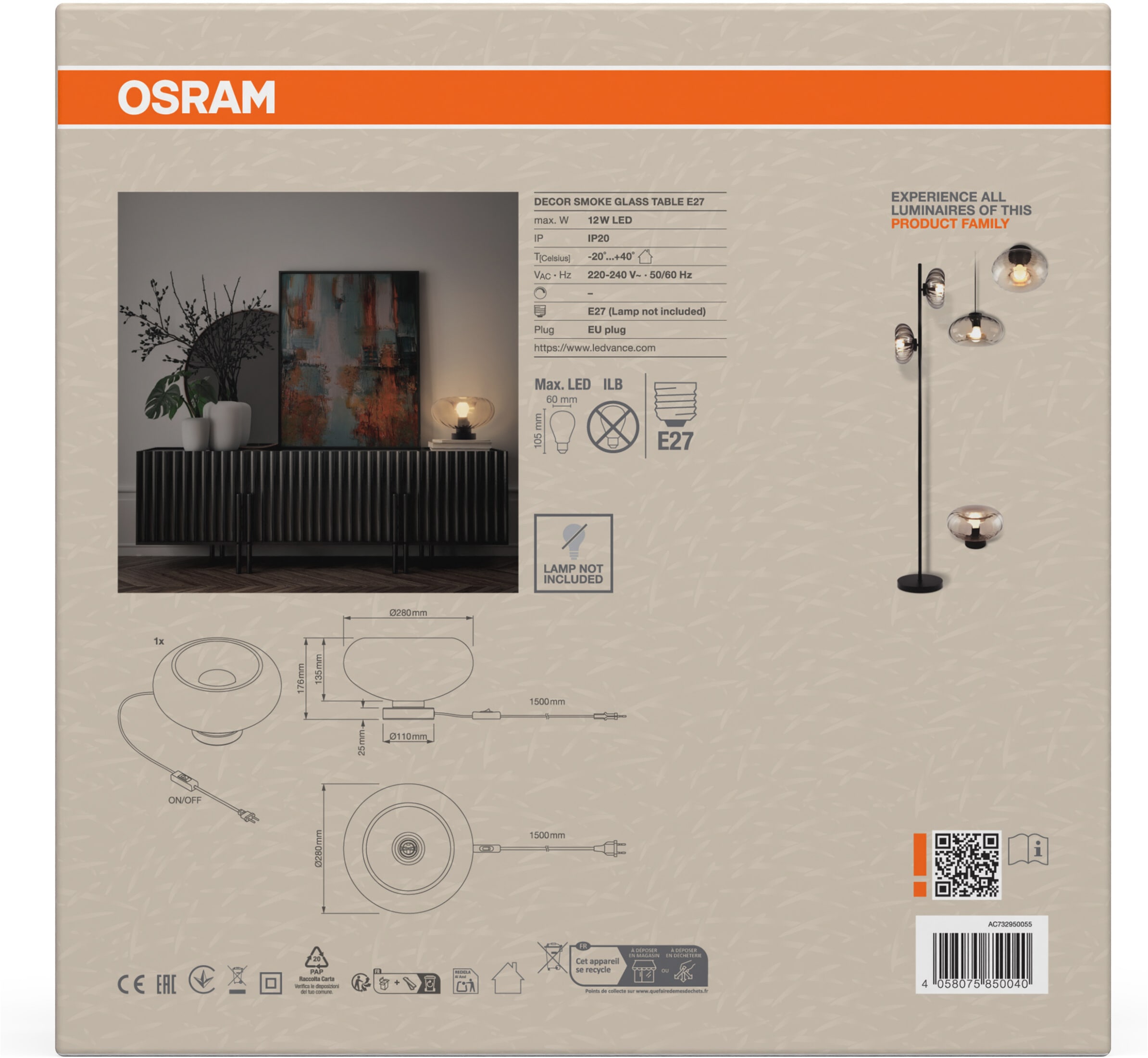Osram Tischleuchte »Decor Smoke Glass« E27 1 Stk. schwarz, E27, Stahl und Glas