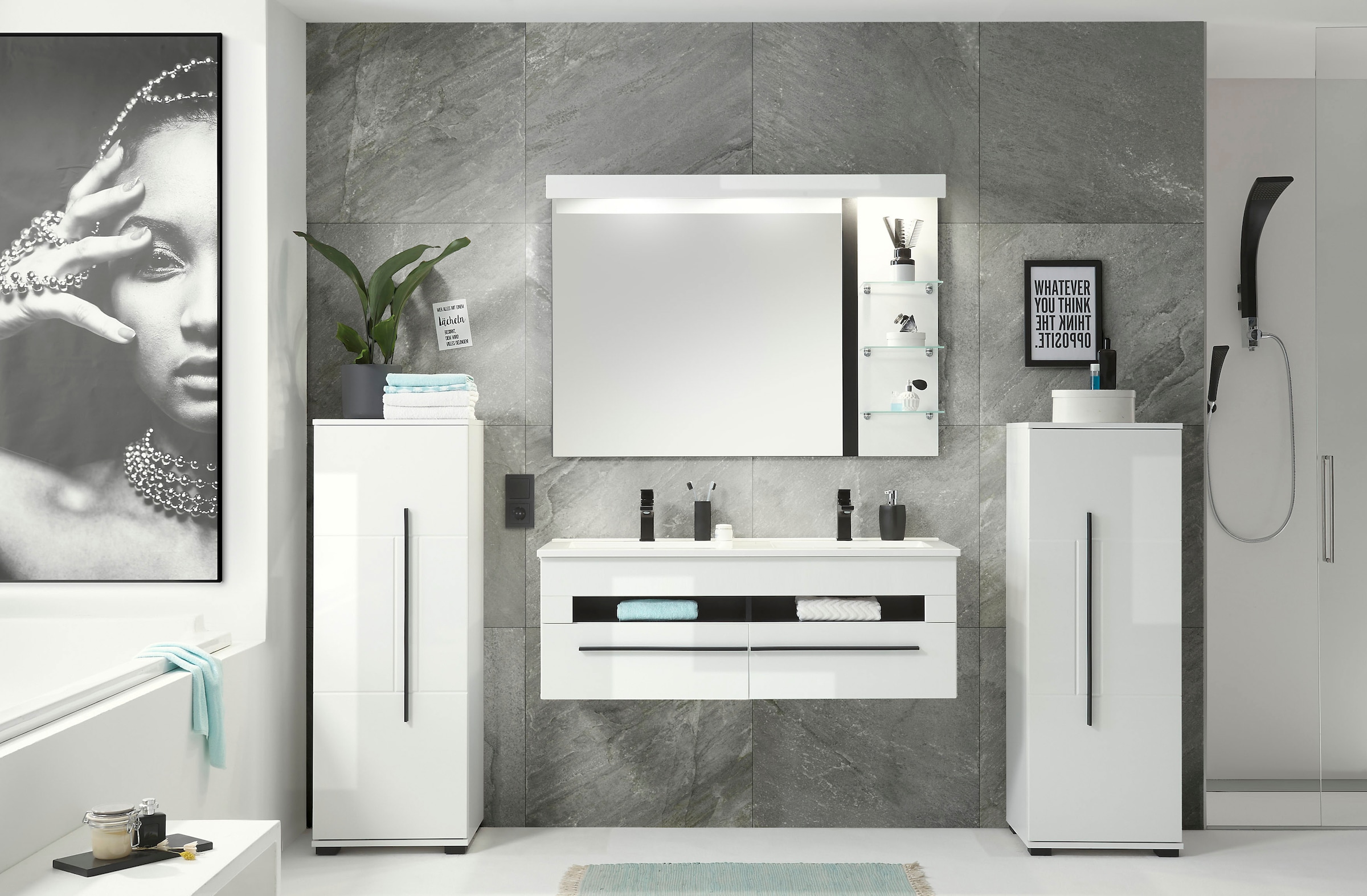 INOSIGN Midischrank »Cantara, Badschrank in Hochglanz Weiß, Schrank im modernen Design«, mit schwarzen Griffen, ausreichend Stauraum