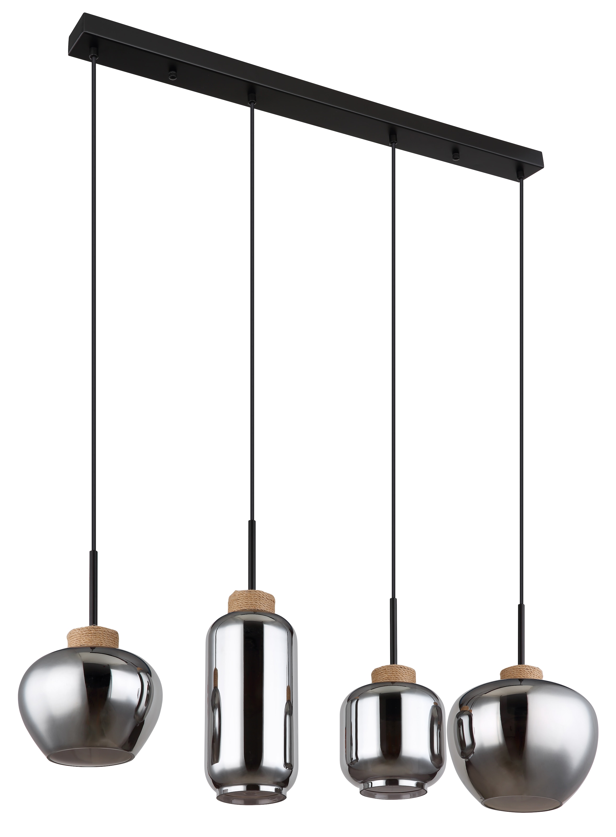 GLOBO LIGHTING Hängeleuchte »MATT« E27 1 Stk. Hängeleuchte Schwarz/Hanf, Rauchglas, 4 Gläser, höhenkürzbar, E27