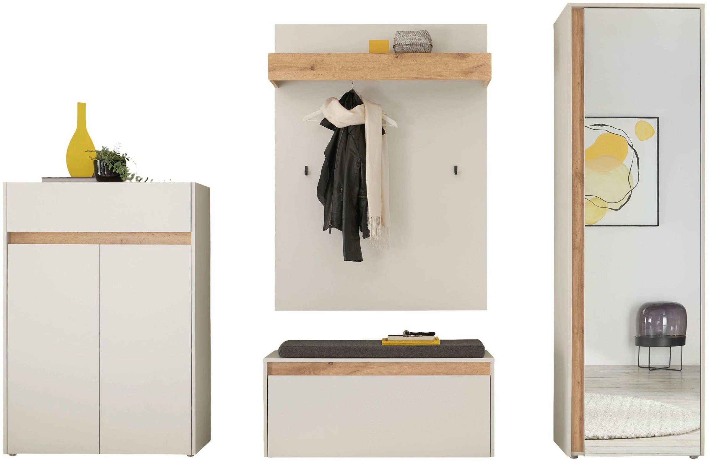 INOSIGN Garderoben-Set »City/Giron, moderne Garderobe, viel Stauraum, ca. 24 Schuhe«, (Set, 4 St.), enthält Schrank, Paneel, Schuhschrank & Garderobenbank mit Sitzkissen