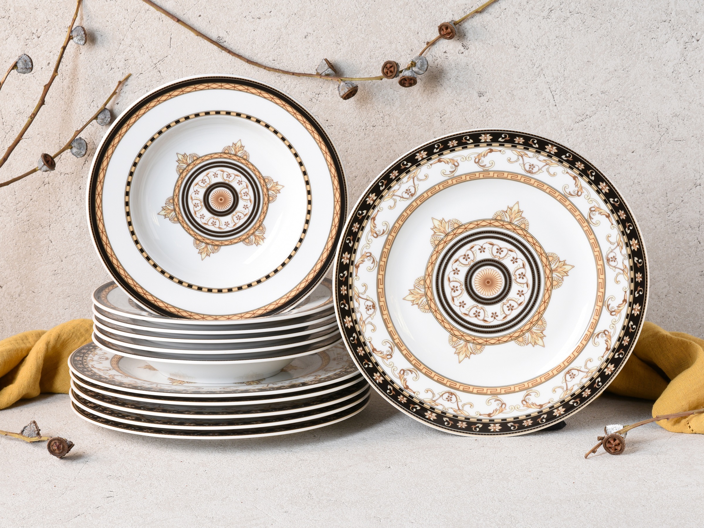 Thumbnail - CreaTable Tafelservice "Teller Set, Geschirr-Set Majestosa" Service, Dekor schwarz abgesetzt, 12 Teile, für 6 Personen