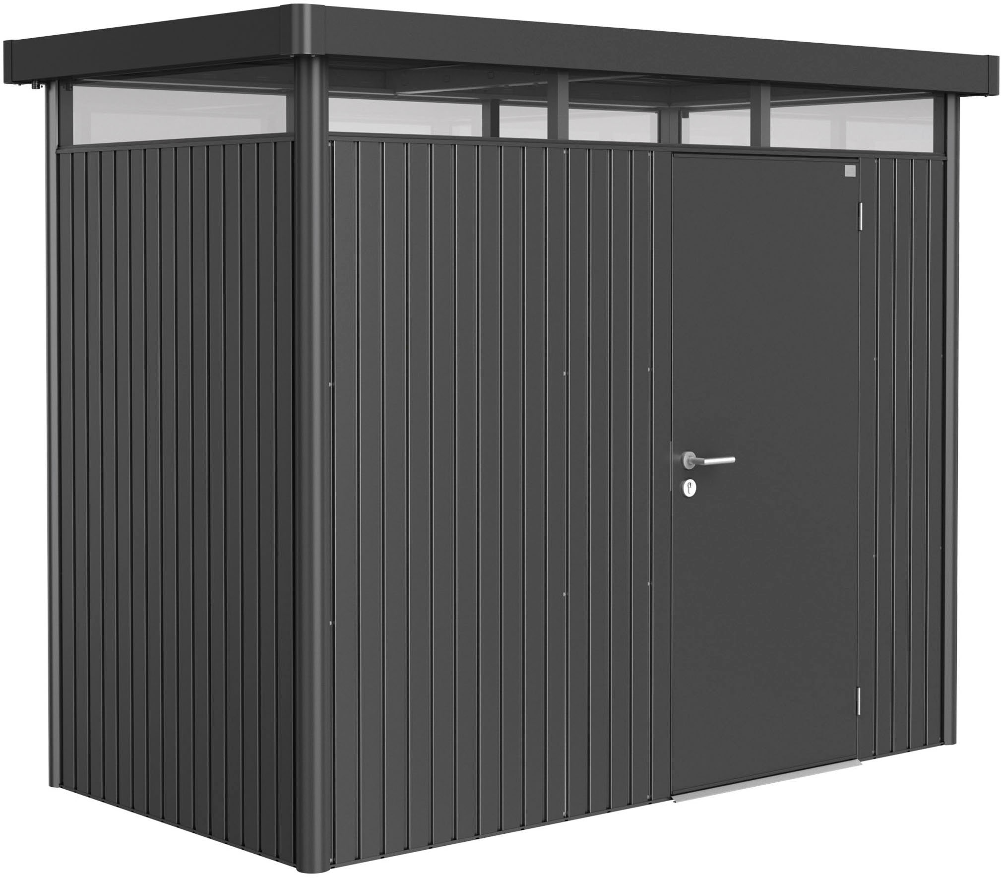 Gerätehaus BIOHORT, grau, Stahl, Garten, Gerätehäuser, "HIGHLINE Gr. H1, verschiedene Farben", stylisches Metall-Gartenhaus mit Flachdach