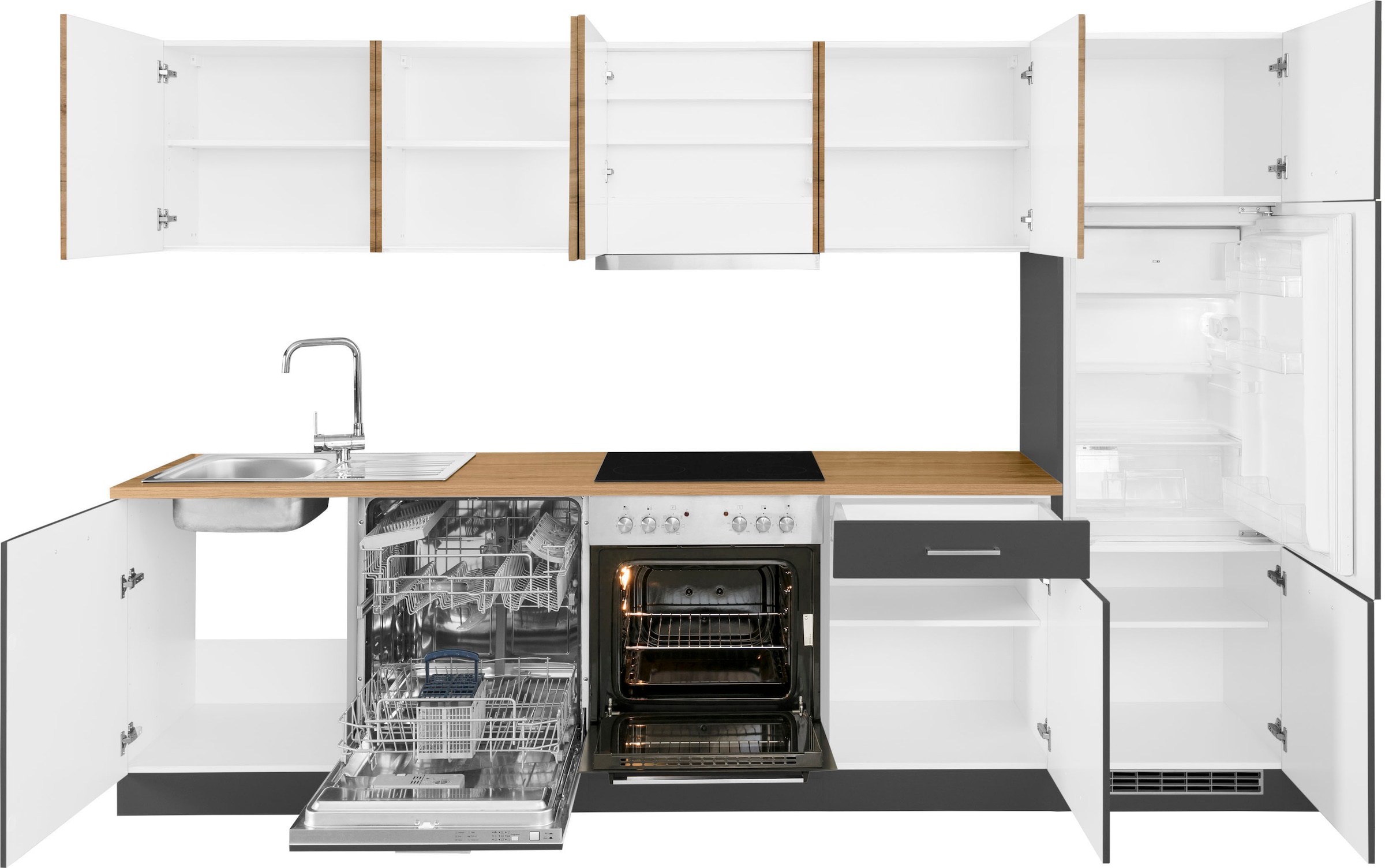 KOCHSTATION Küchenzeile »KS-Kehl«, mit E-Geräten, Breite 300 cm, inkl. Kühlschrank und Geschirrspüler