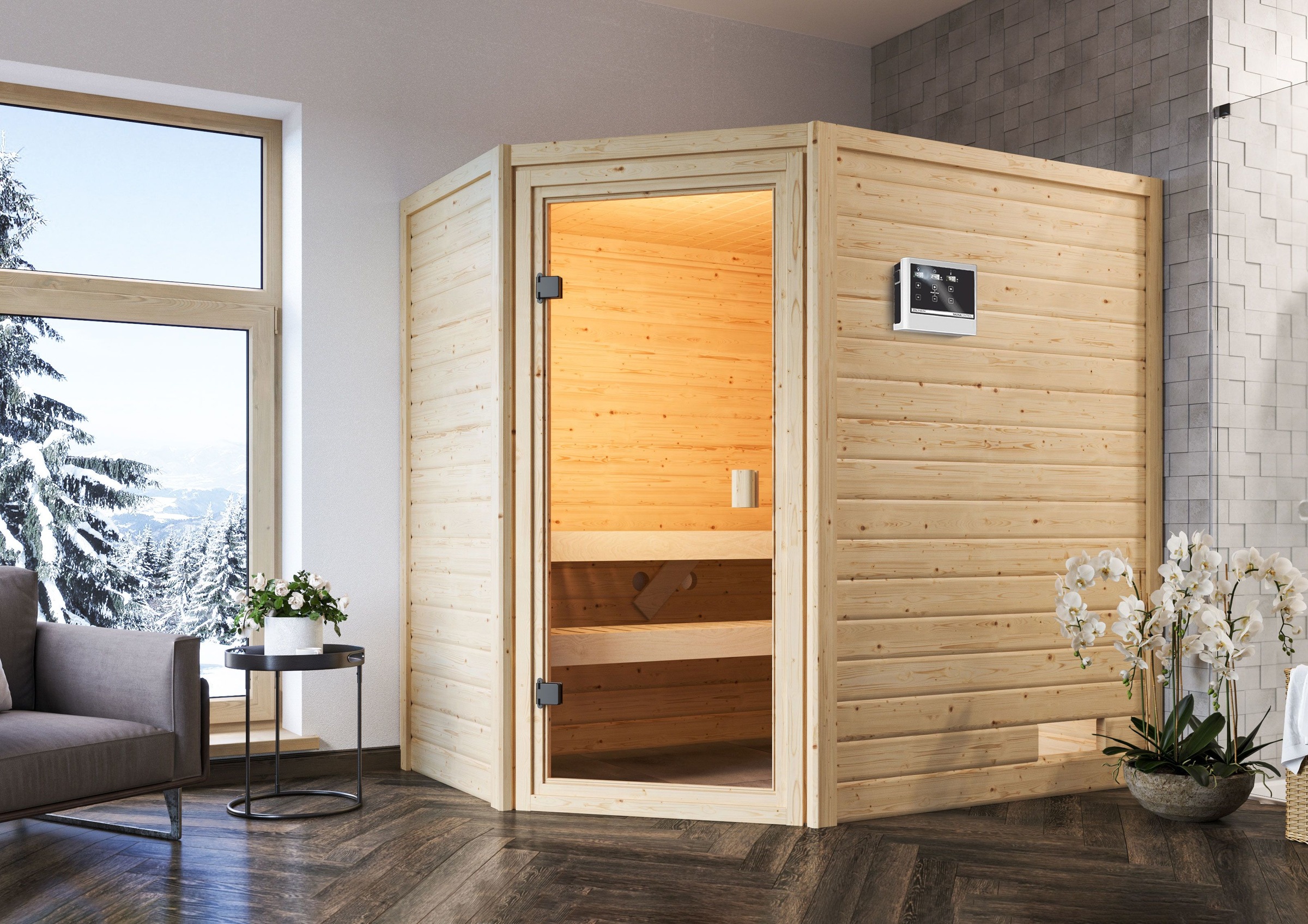 Karibu Sauna ""Juli" mit bronzierter Tür SET, naturbelassen mit Ofen 9 kW" aus hochwertiger nordischer Fichte