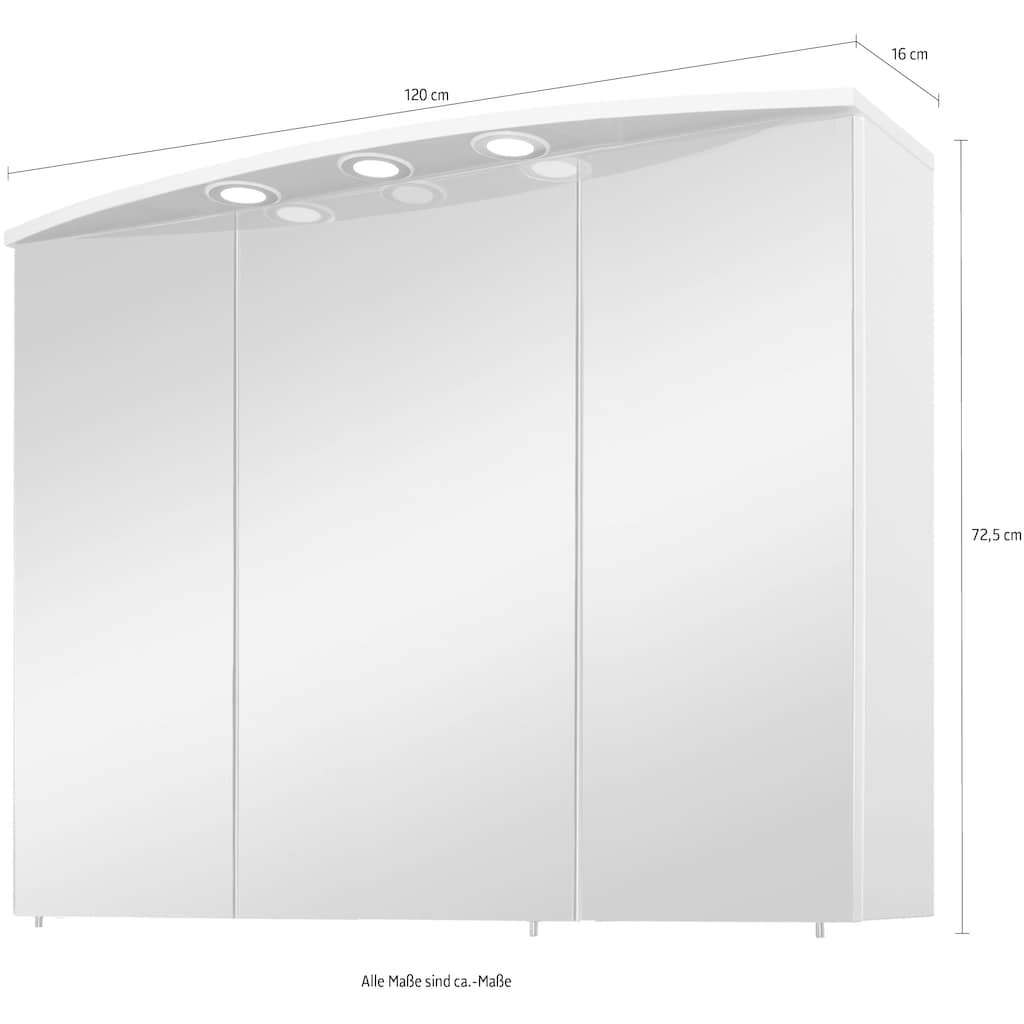 Schildmeyer Spiegelschrank »Verona«, Breite 120 cm, 3-türig, 3 LED-Einbaustrahler, Schalter-/Steckdosenbox, Glaseinlegeböden, Made in Germany