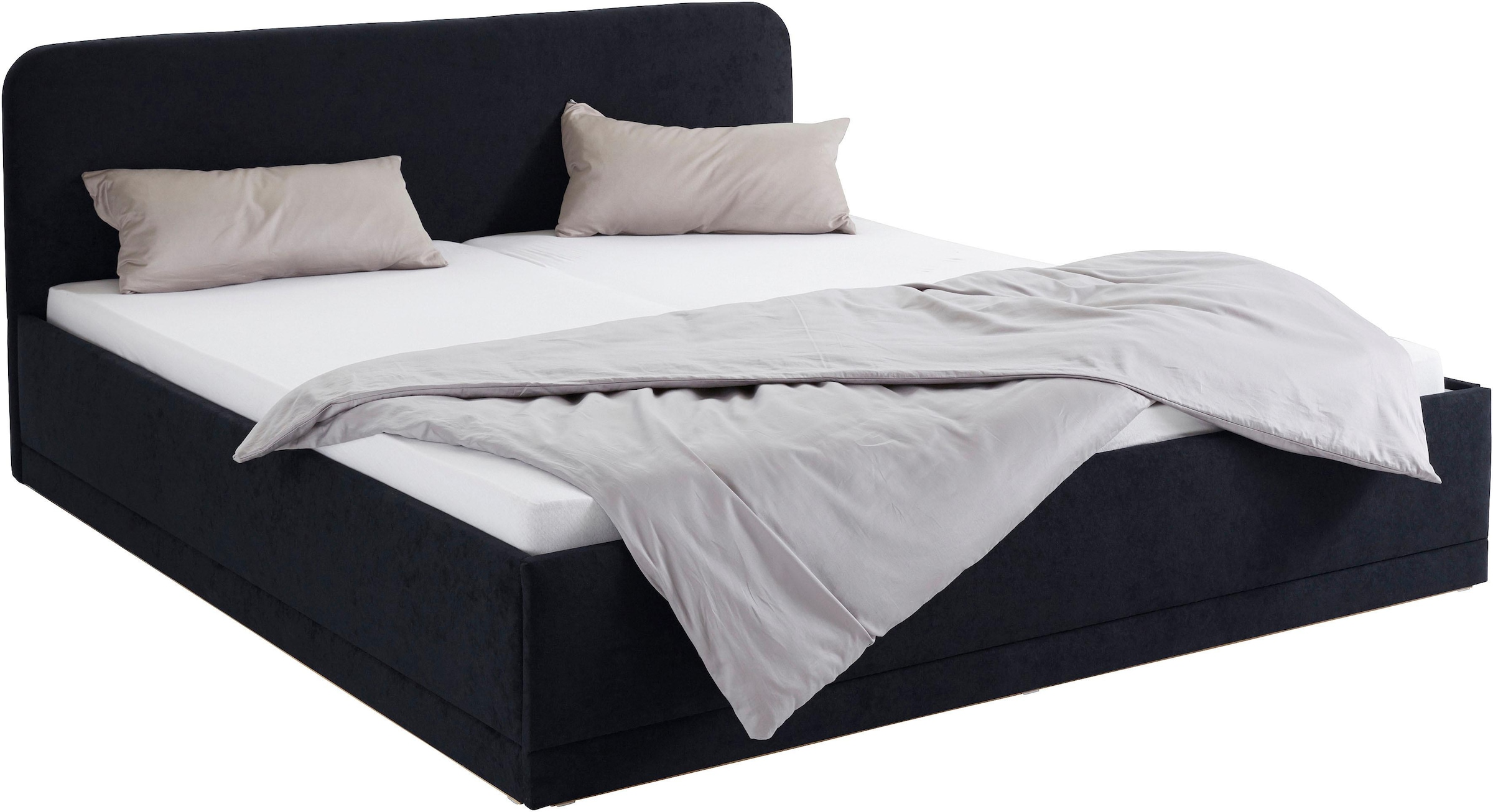 Polsterbett, schwarz, B:210cm L:210cm, Bezug Bett: wahlweise Microfaser (100% Polyester), Strukturstoff (77% Polyester, 23% Viskose) oder Kunstleder;Bonnell-Federkernmatratze: Mischgewebe (51% Polyprophlen, 39% Polyester, 10% Baumwolle);Kaltschaummatratze 6