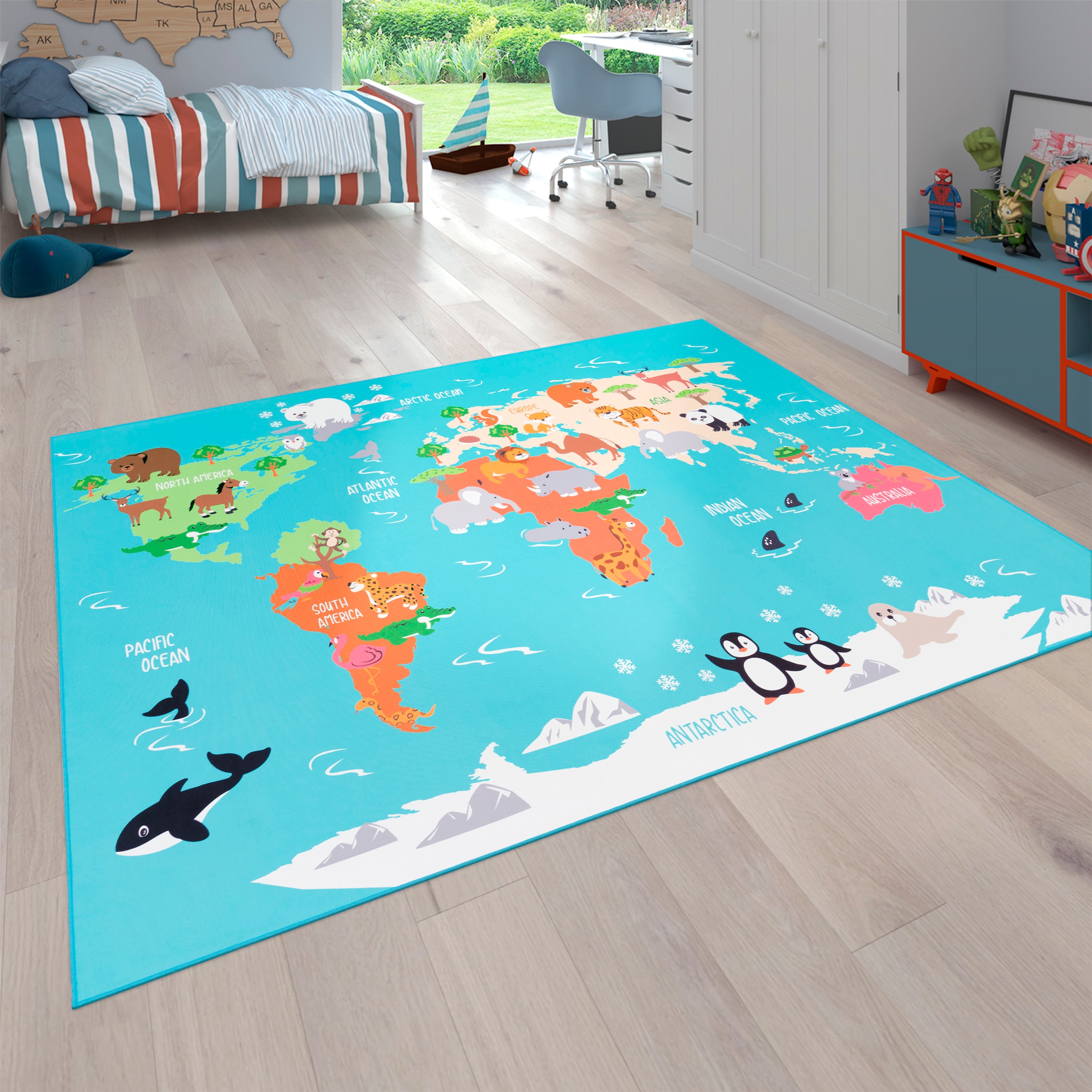 Paco Home "Bino 564" rechteckig 4 mm Höhe Kurzflor, Motiv Weltkarte, Kinderzimmer