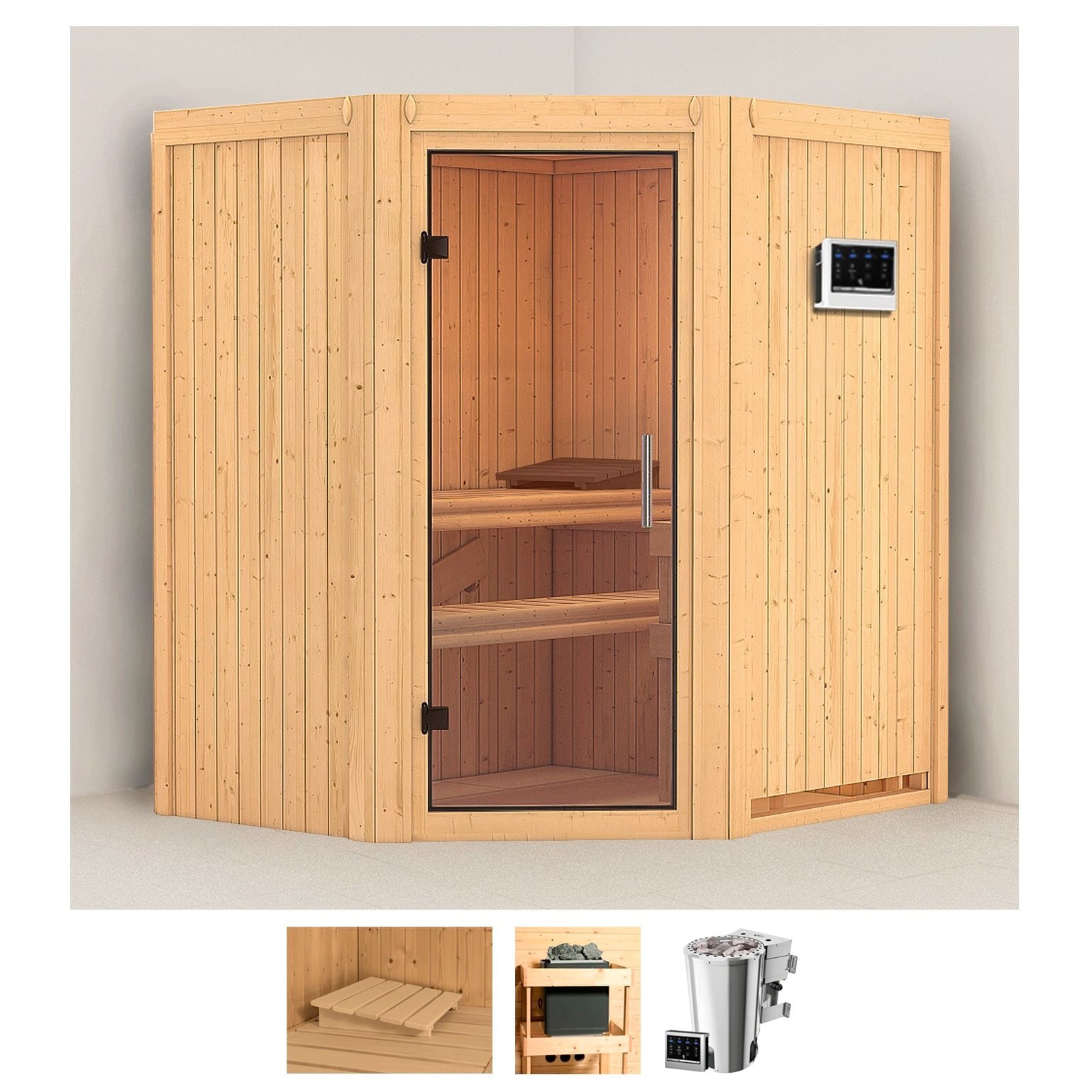 Karibu Sauna "Tomke" Set, Ofen 3,6 kW Bio-Ofen externe Strg. easy