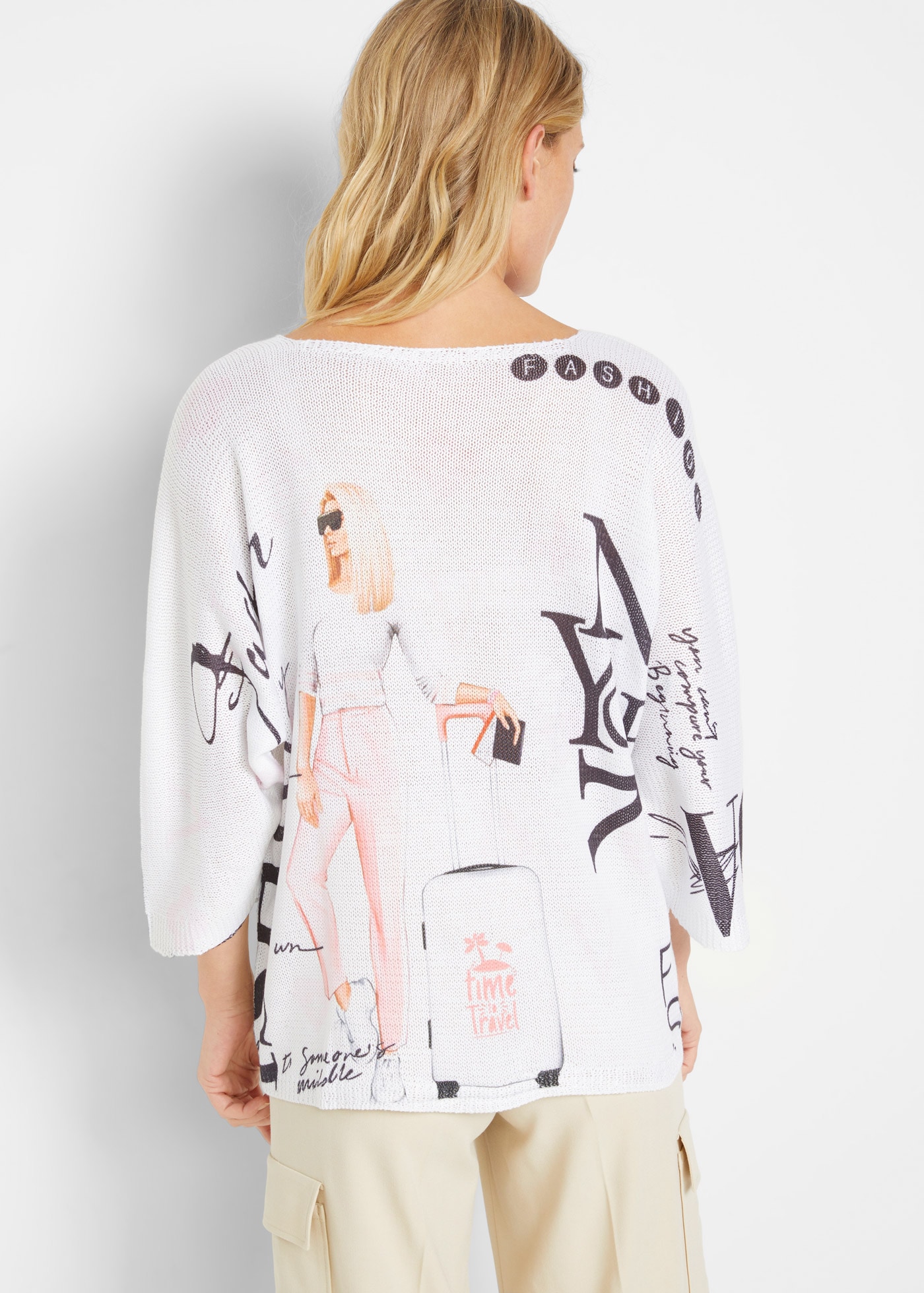 bonprix Strickpullover 3/4-Fledermausärmel, cooler Alloverprint, bequeme Passform