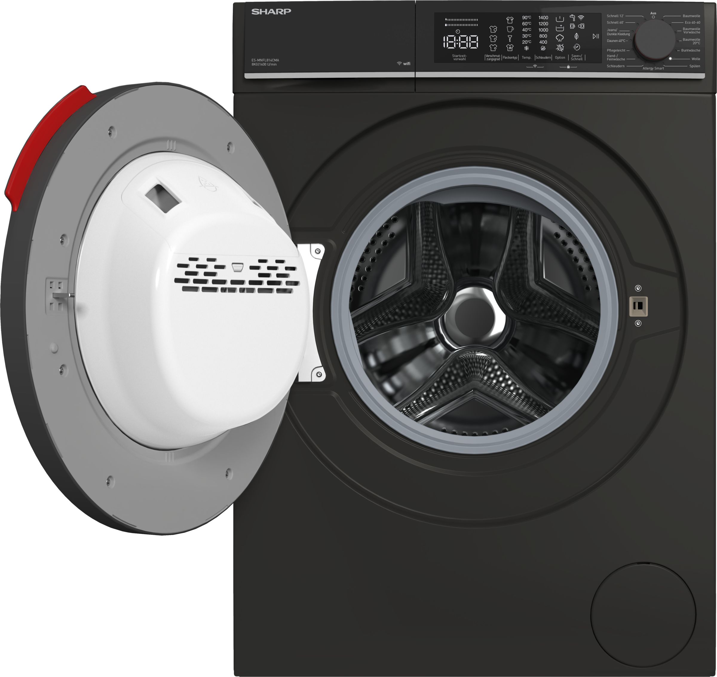 Sharp Waschmaschine Microfiber »ES-MNFL814CMA-DE«, 8 kg, 1400 U/min, 8kg / +WIFI / Microfiber / A / Fulltouch / Steam /
Mat Black