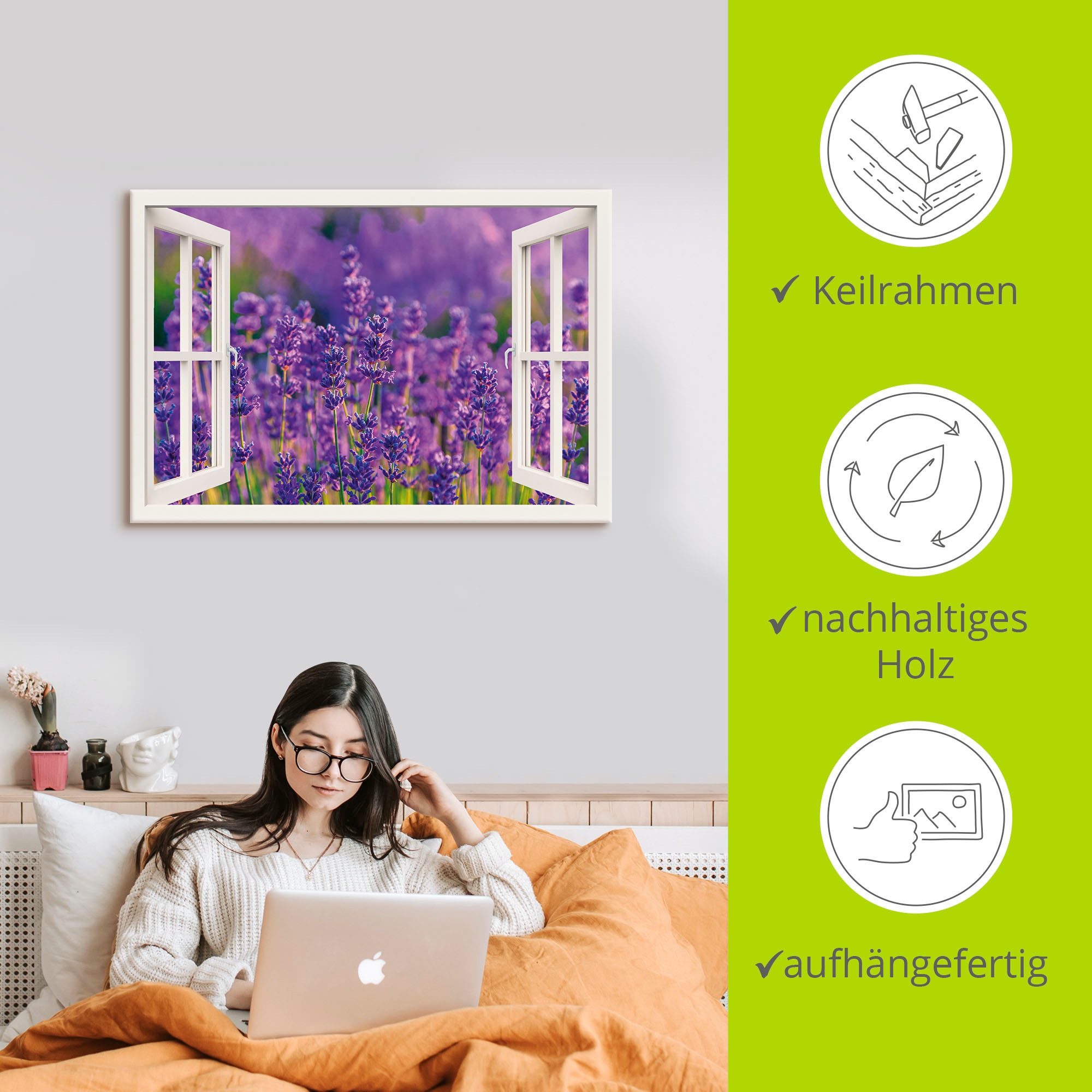 Artland Wandbild »Fensterblick Lavendelfeld in Tihany«, Blumenwiese, (1 St.), als Leinwandbild, Wandaufkleber in verschied. Größen