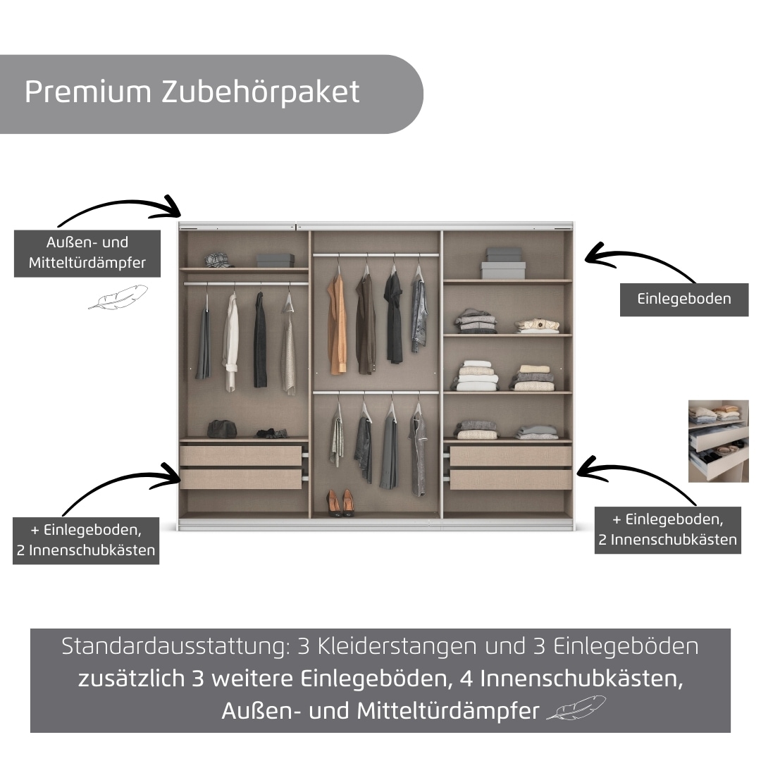 rauch Kleiderschrank »Schwebetürenschrank OTTO´s Choice Garderobe Schrank TOP ANGEBOT Avola«, (in 3 verschiedenen Ausstattungen BASIC/CLASSIC/PREMIUM inkl. Spiegel), mit eleganten Zierleisten in Chrom, Schwarz oder Weiß MADE IN GERMANY