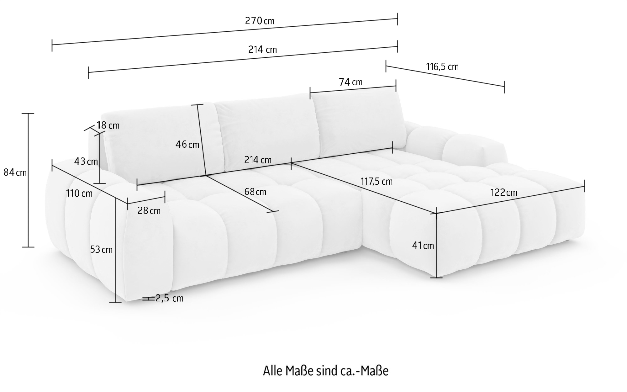 INOSIGN Ecksofa »AZITA klein optionale Schlafsofa mit Bettkasten, B/T/H: 270/166,5/84cm«, L-Form mit Wellenunterfederung, Bubble-Optik