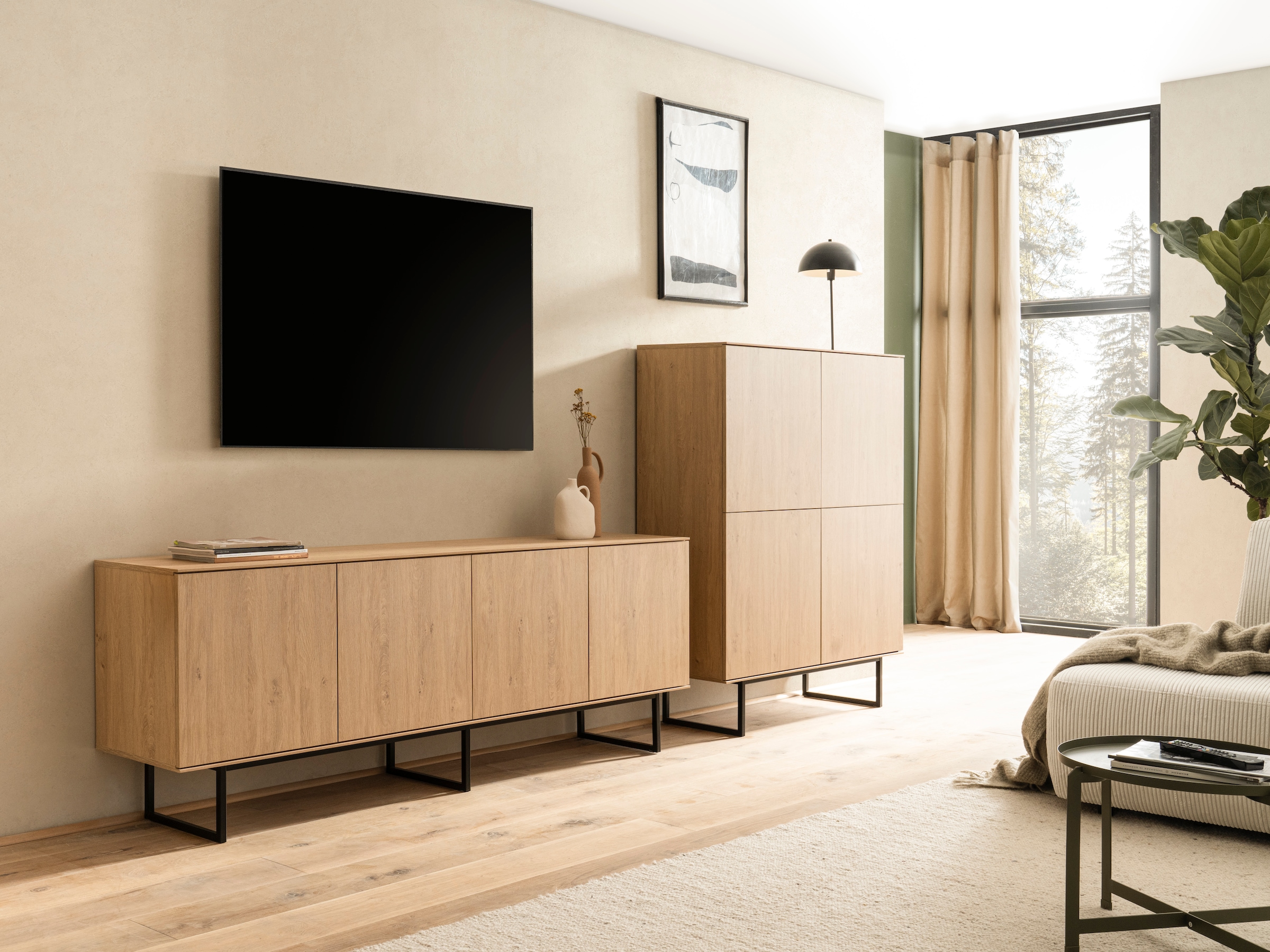 Home affaire Wohnwand »Lund, moderne Anbauwand, Wohnzimmer-Set in Stone Oak«, (2 St.), enthält Lowboard und Highboard