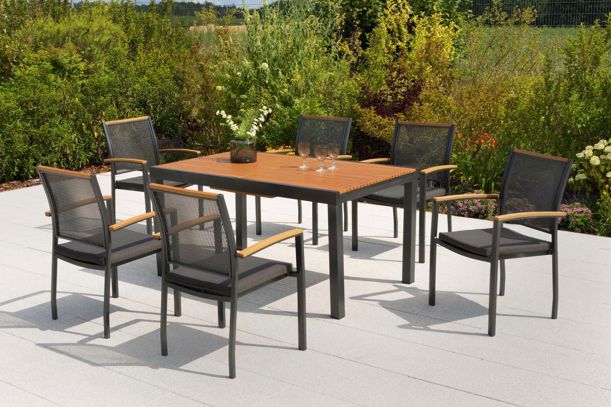 MERXX Garten-Essgruppe »Itanos« Set, 13 tlg. inkl. 6 Stapelsessel. 6 Auflagen, 1 Ausziehtisch