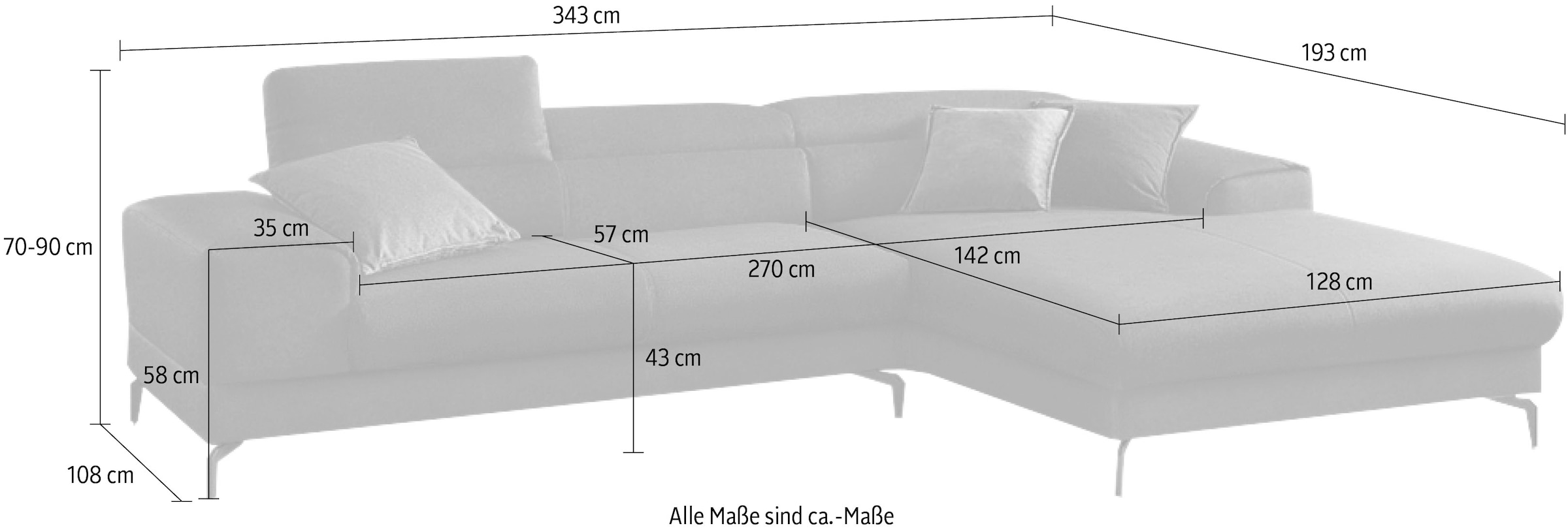 W.SCHILLIG Ecksofa »piedroo, Designsofa mit tollem Sitzkomfort, bequem und elegant, L-Form«, Kopfteilverstellung, wahlweise mit Sitztiefenverstellung, Breite 343cm