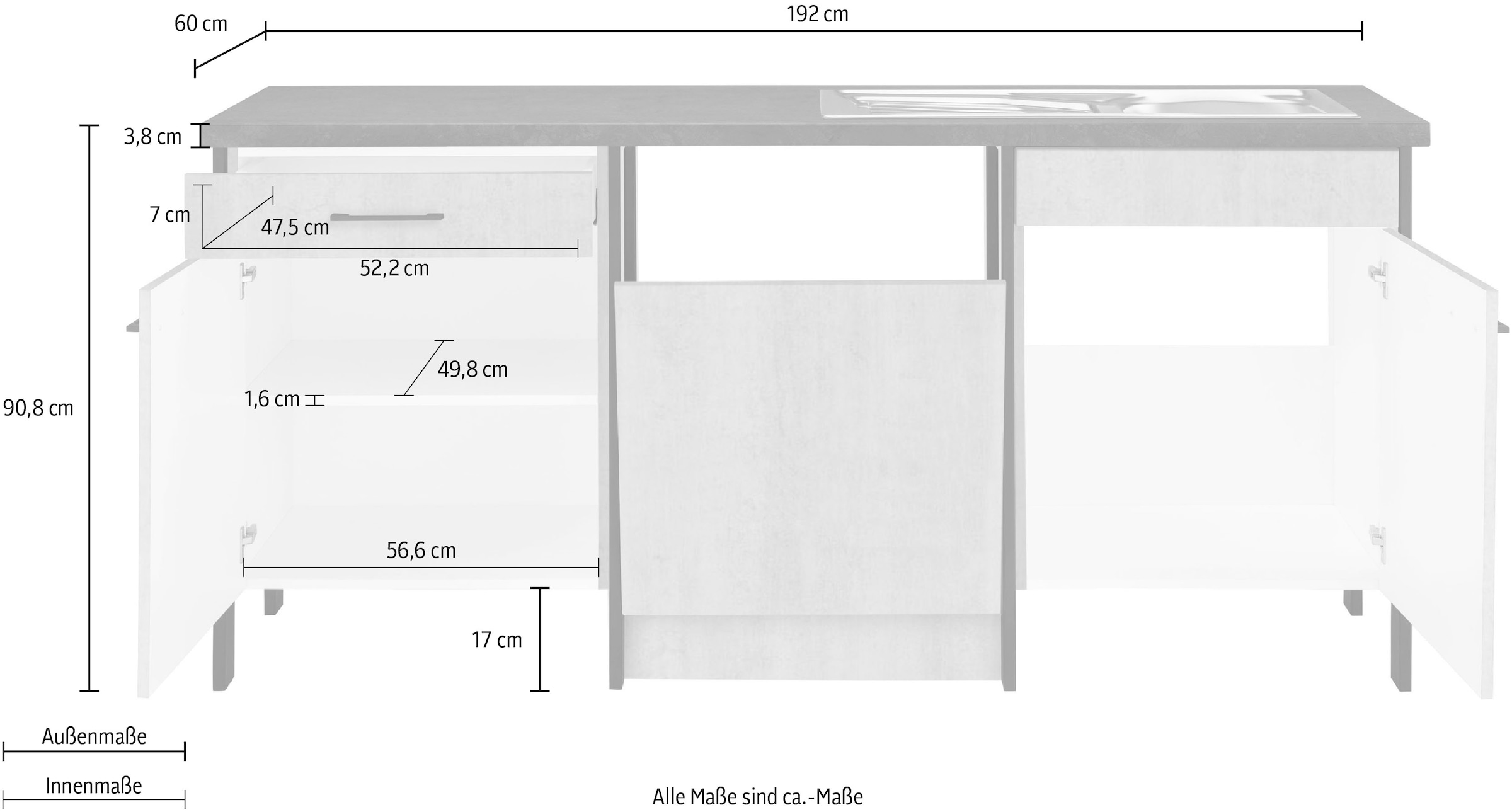 OPTIFIT Spülenschrank »Tokio«, 192 cm breit, mit Stahlgestell, mit Vollauszug