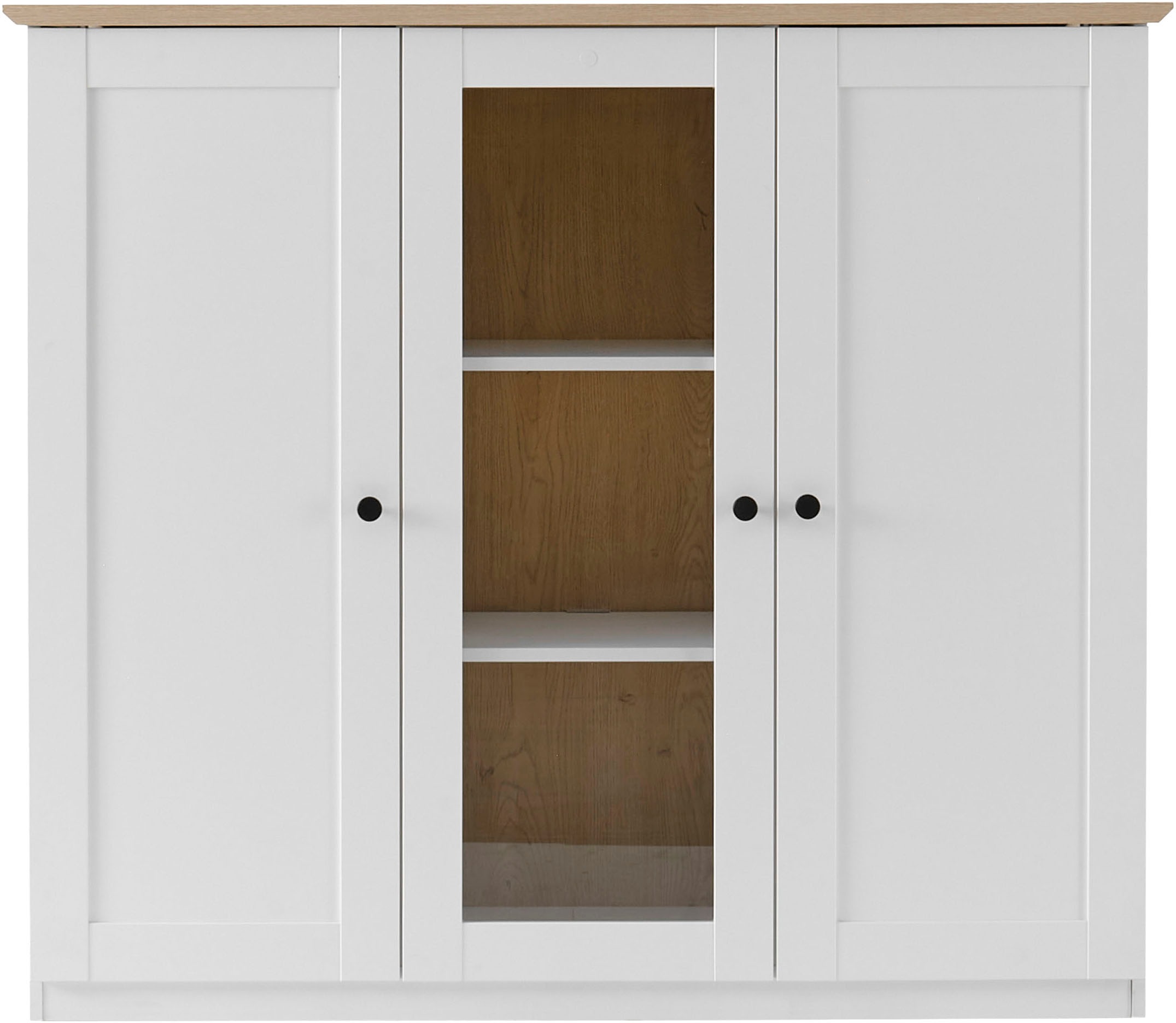 OTTO home Highboard »Brest, Schrank im Landhausstil, Sideboard, zeitloses Stauraumelement« schwarze Metallgriffe, ausreichend Stauraum, Glastür, 139 cm breit
