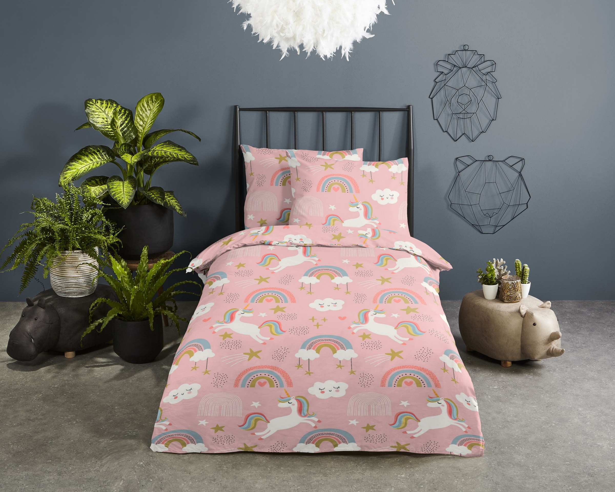 good morning Babybettwäsche, Baumwolle, Renforcé, Baby, Kind, Mädchen, Einhorn, Regenbogen, Rosa