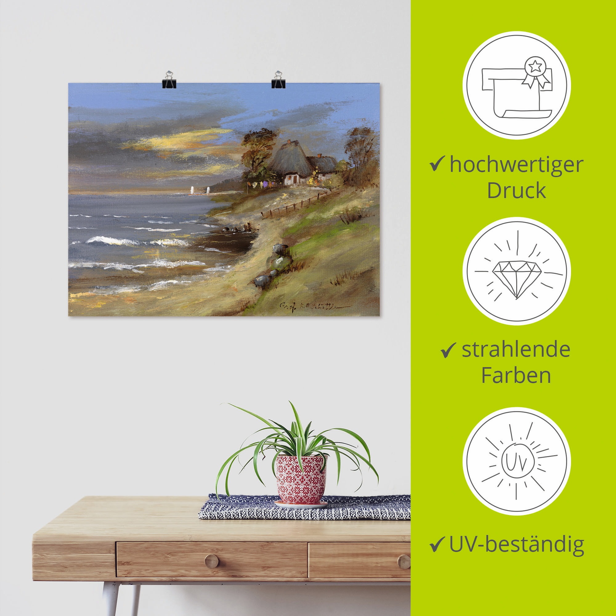 Artland Poster »Weiß strohgedecktes Haus am Meer«, Gewässer, (1 St.), als Leinwandbild, Wandaufkleber oder Poster in versch. Größen