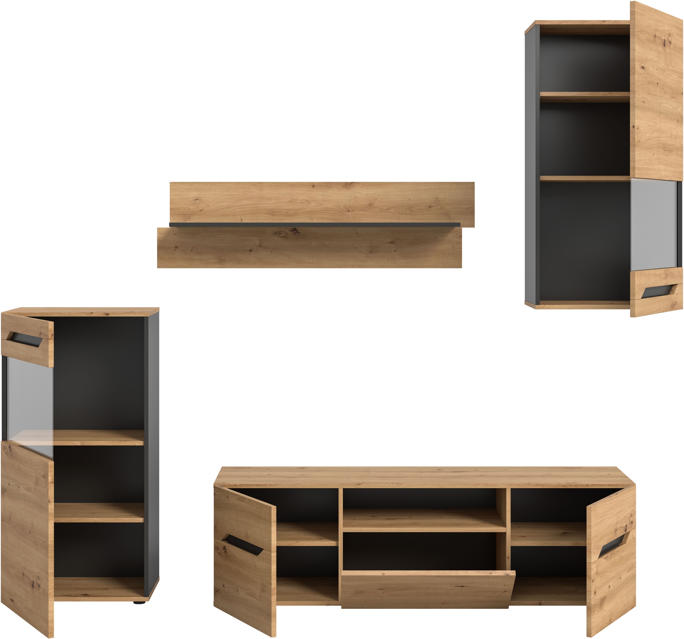 INOSIGN Wohnwand »SERTA, 4-teilig, best. aus: 2x Vitrine, 1x Lowboad & 1x Wandboard«, Anbauwand, Set, Möbelset, TV-Wand, Wohnzimmerset, Schrankwand