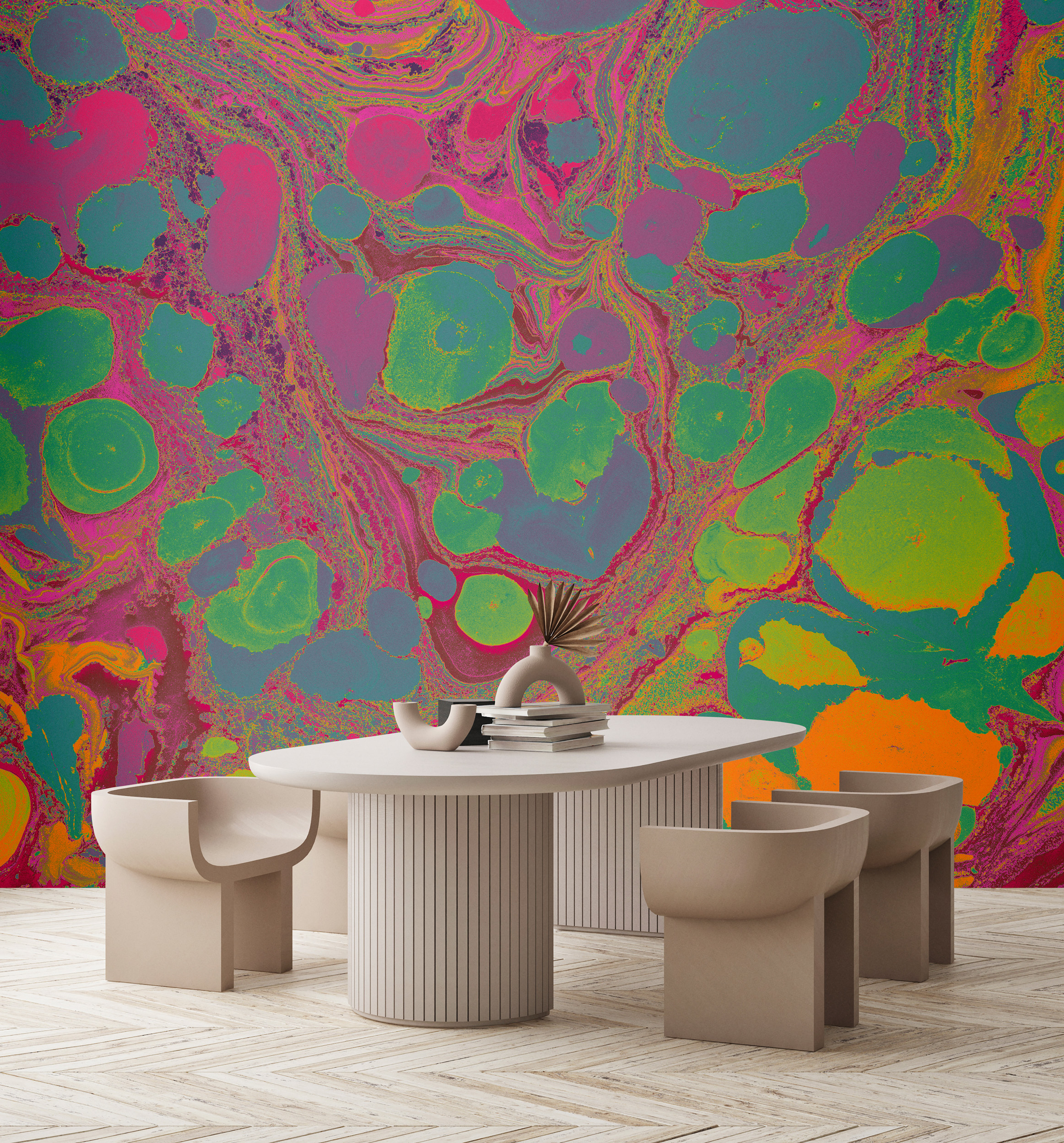 living walls Vliestapete "Fototapete Marmor-Optik Bunt Neon Pink Grün Orange" matt glatt