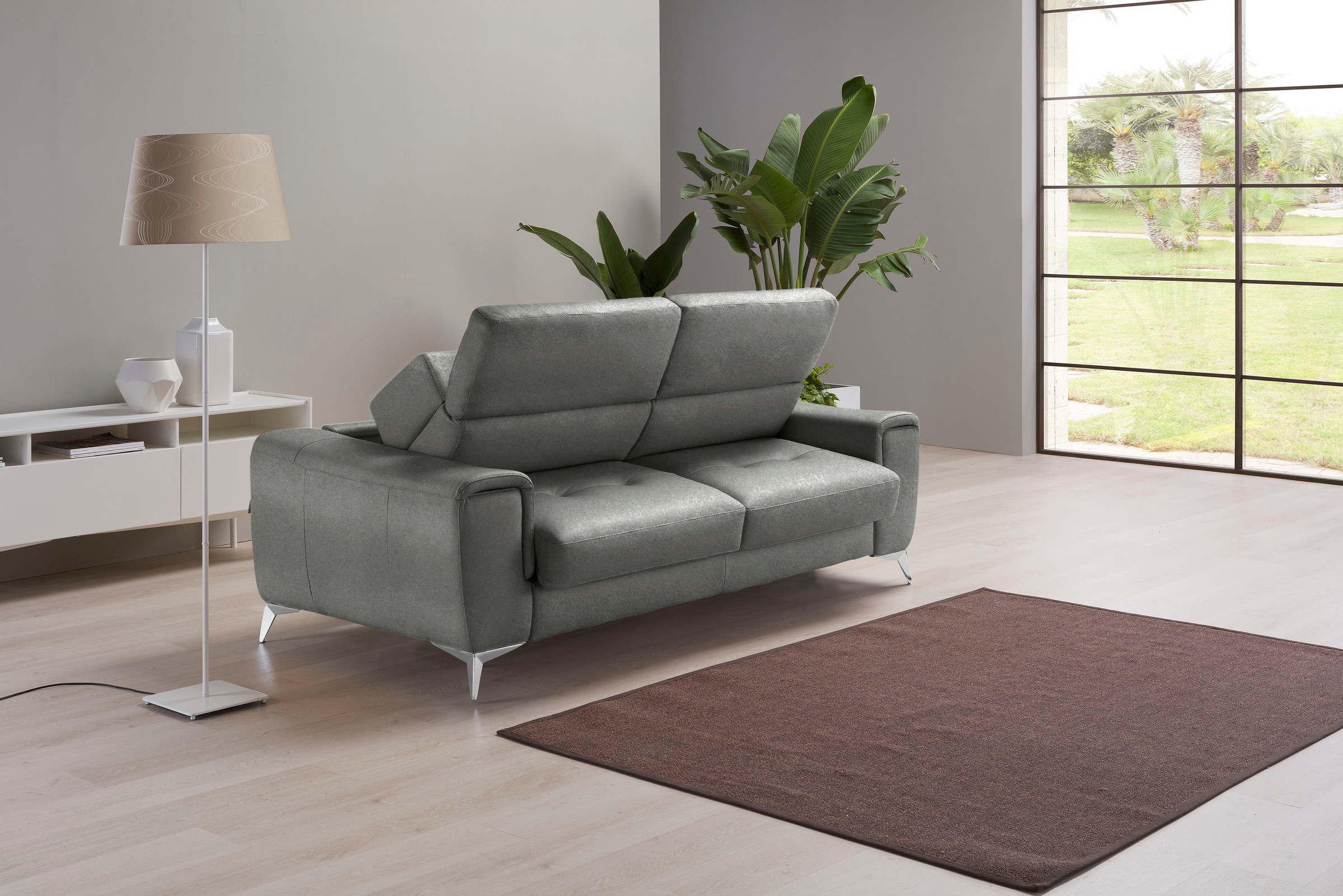 Egoitaliano Schlafsofa »Francine Designsofa, Loungesofa mit Dauerschlaffunktion, Breite 233 cm«, Bettfunktion, Luxus-Microfaser Lederoptik, steingrau, Fußfarbe chrom