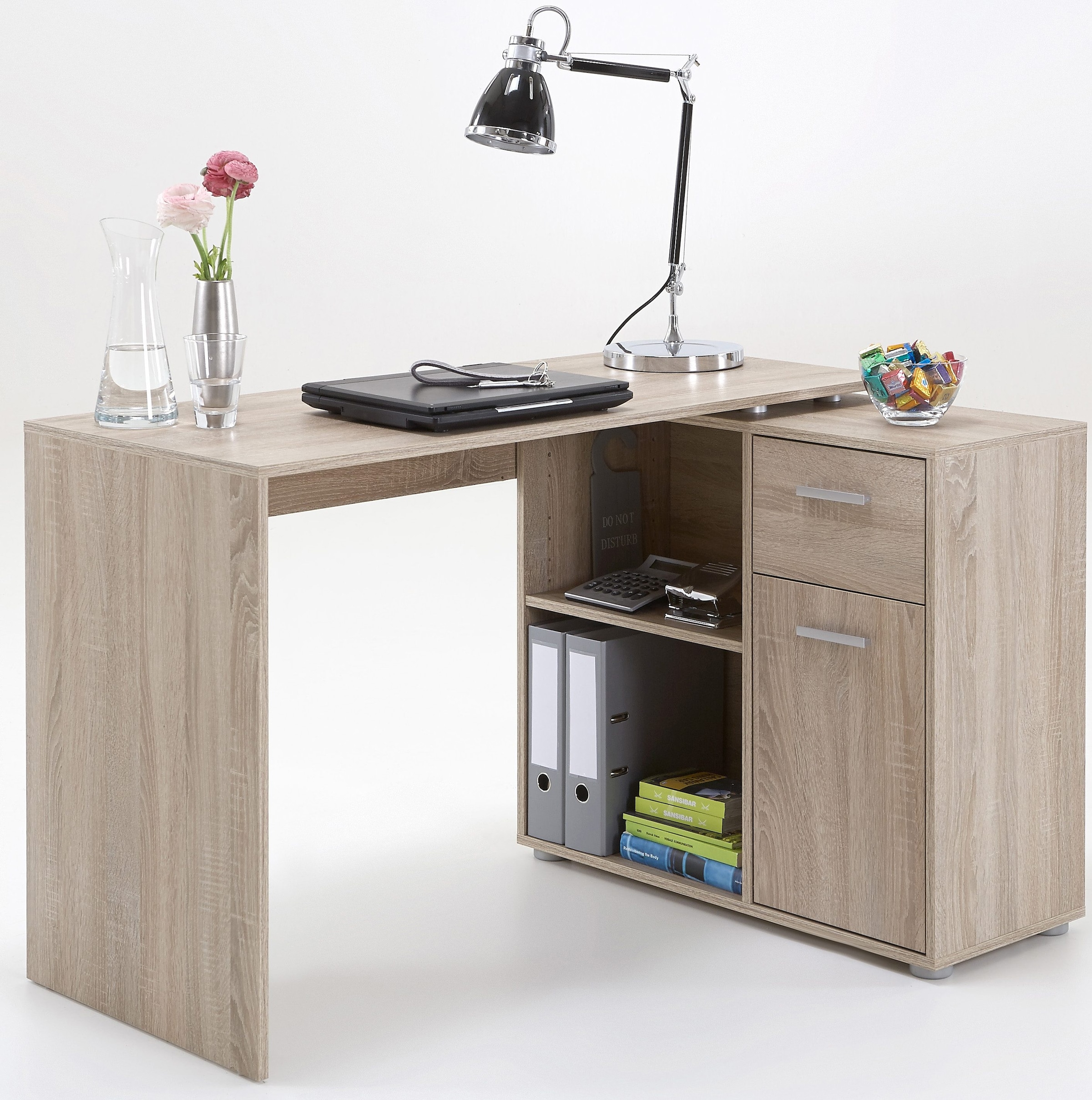 FMD Eckschreibtisch »AUGSBURG«, Schreibtisch / Sideboard mit Stauraum, drehbar, Breite 117/148 cm