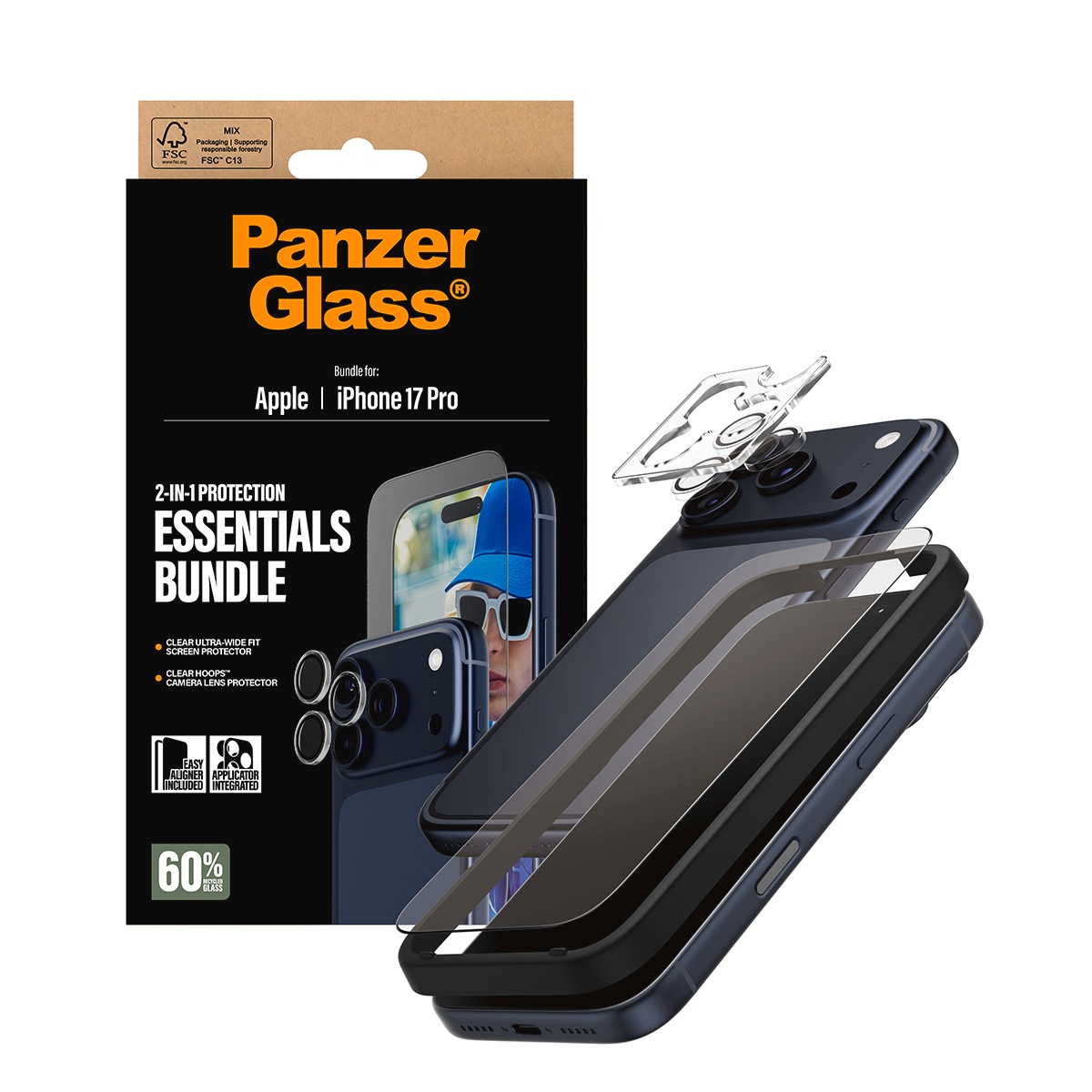 CARE by PanzerGlass Displayschutzglas »2-in-1 Protection Essentials Bundle«, für Apple iPhone 17 Pro, Displayschutzfolie, Schutzfolie, Bildschirmschutz, kratz- & stoßfest
