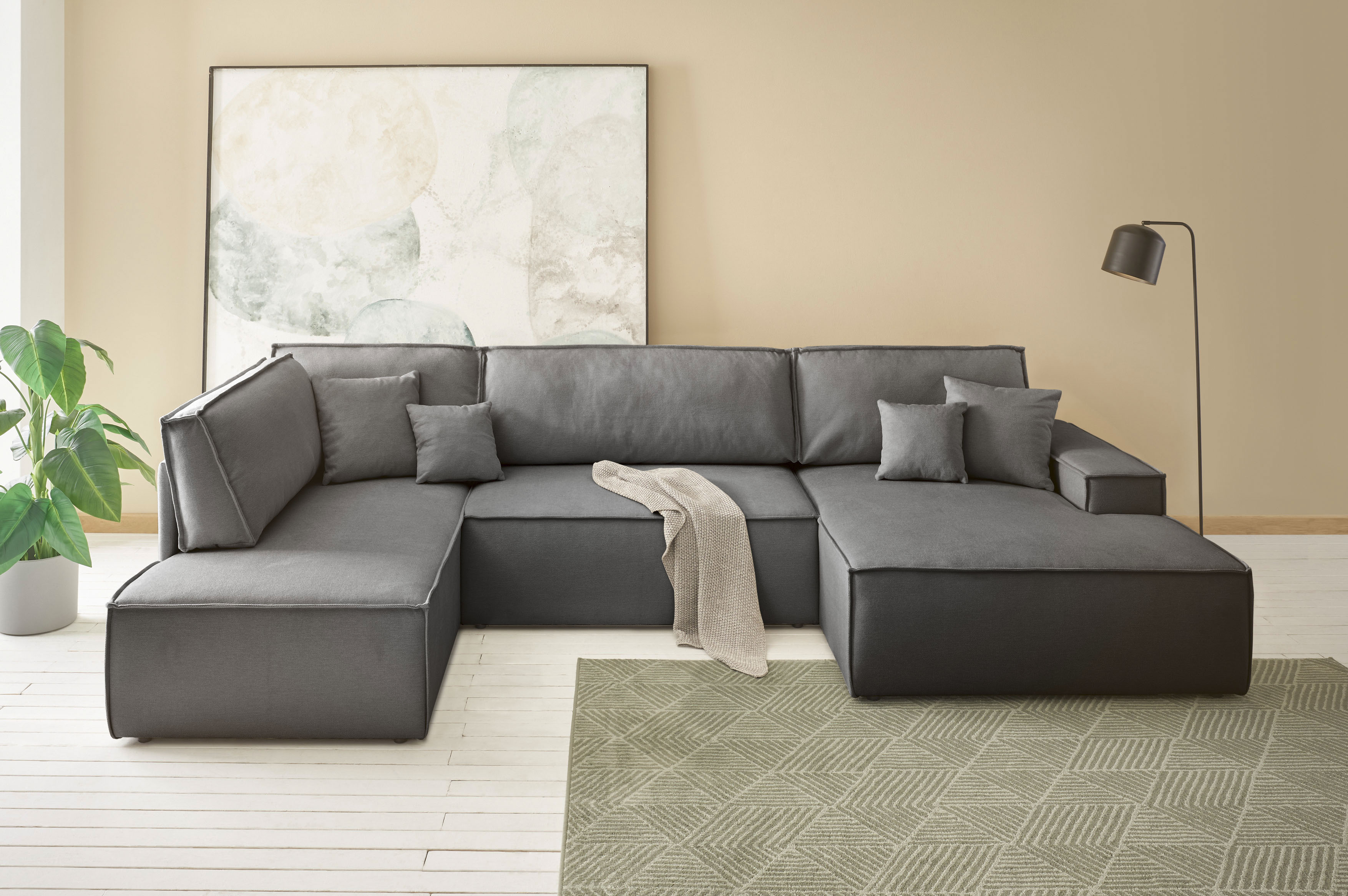 OTTO home Wohnlandschaft "FINNLEY Strurktur fein U-Form XXL 329 cm" Schlafsofa, Bettkasten, in Bouclé, Struktur fein und Mega Cord