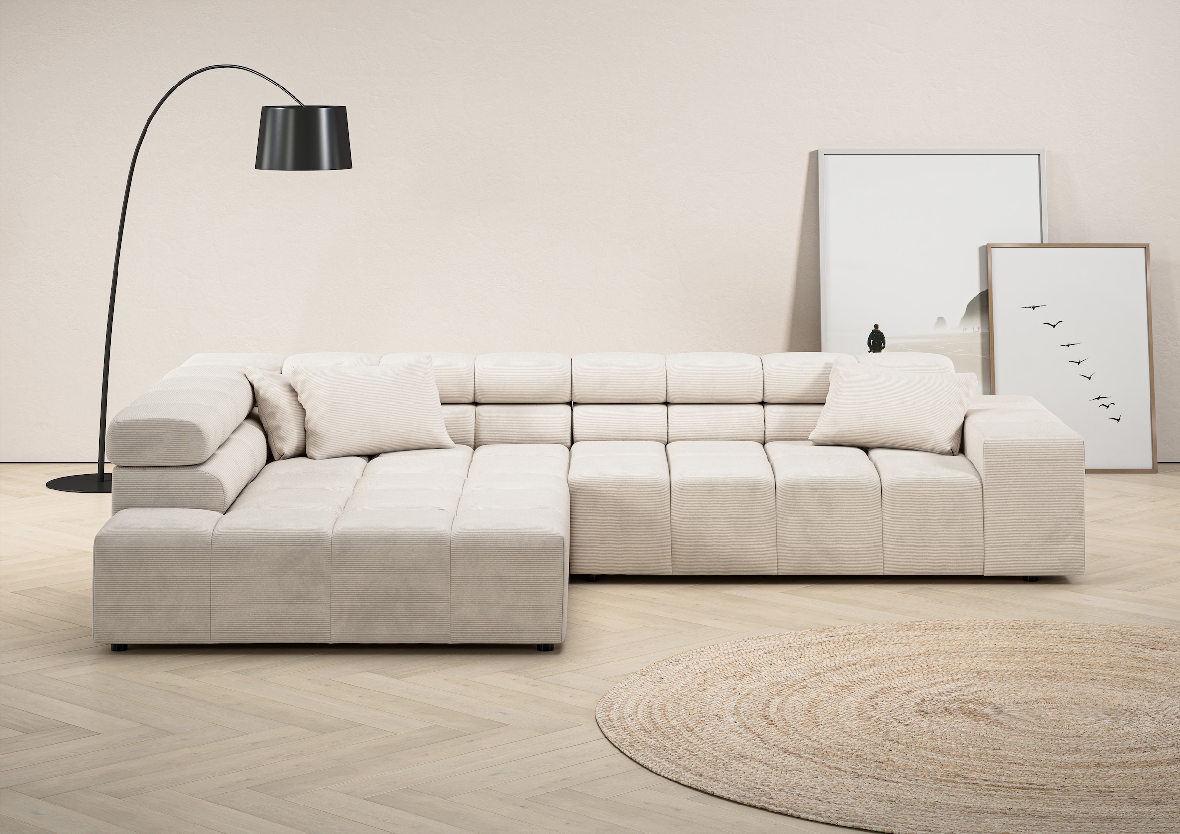 INOSIGN Ecksofa »Ancona incl. Kopfteilverstellung, Zierkissen Breite 319cm, L-Form«, wahlweise motorische Sitztiefenverstellung, auch in Cord + Easy Care